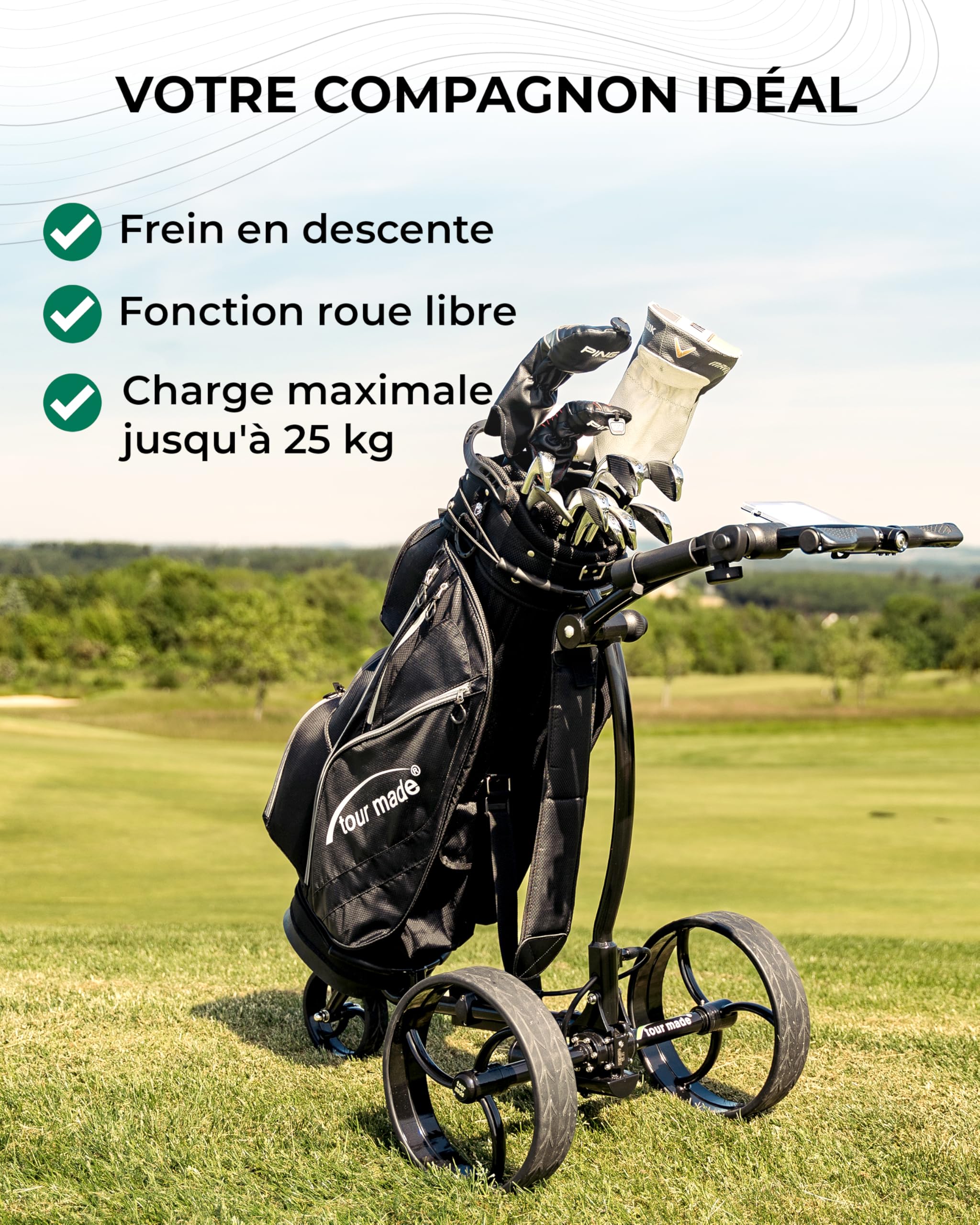 tour-made RT-610S Chariot de Golf électrique I Frein de Descente I Nombreux Accessoires I Batterie au Lithium 27-36 Trous I Chariot 3 Roues Pliable I Qualité Allemande