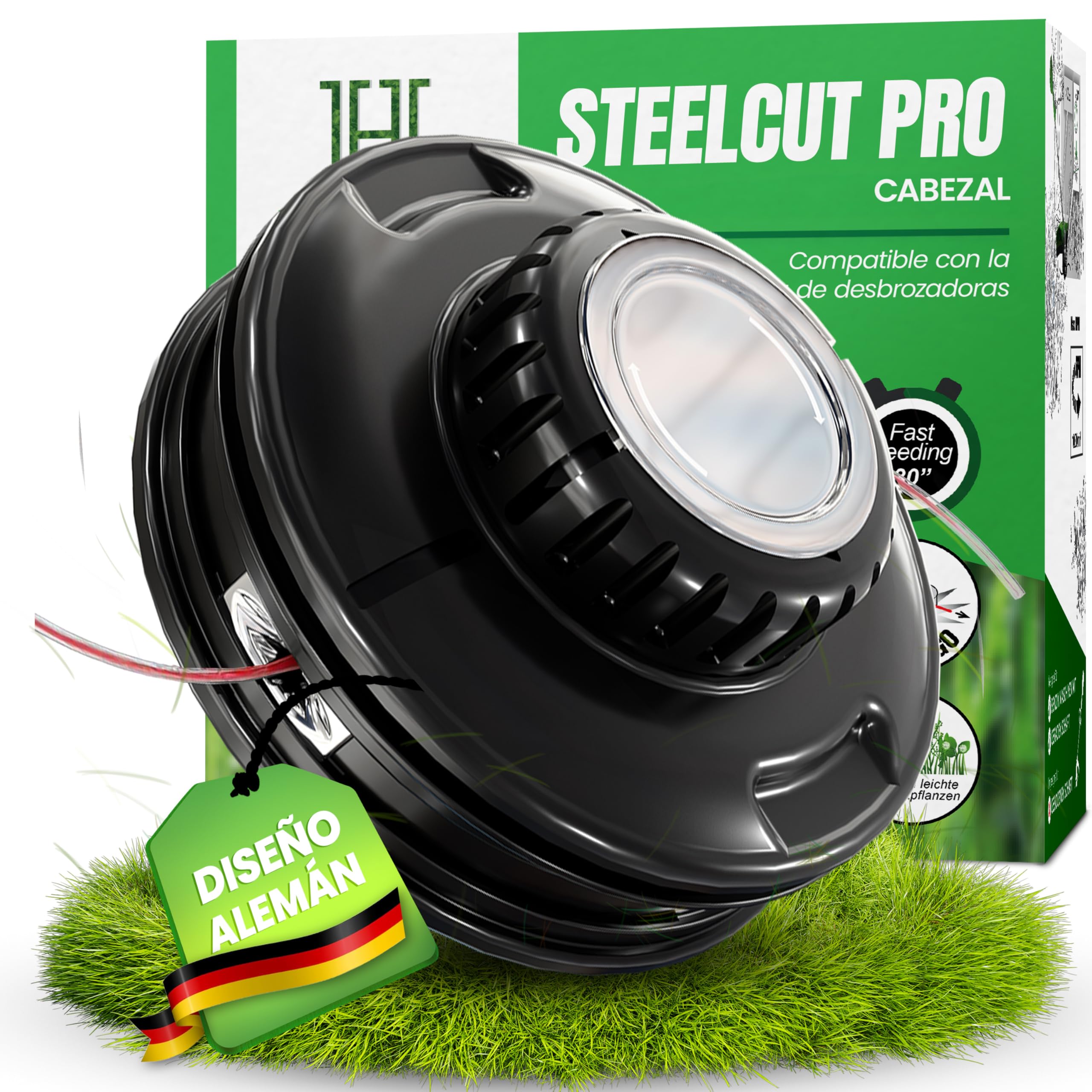 Heckenpracht® Cabezal de hilo para desbrozadora con pomo de acero, rosca izquierda, cabezal de recortador con función Tap & Go | Cortar el césped eficiente con cabezal de corte para desbrozadora