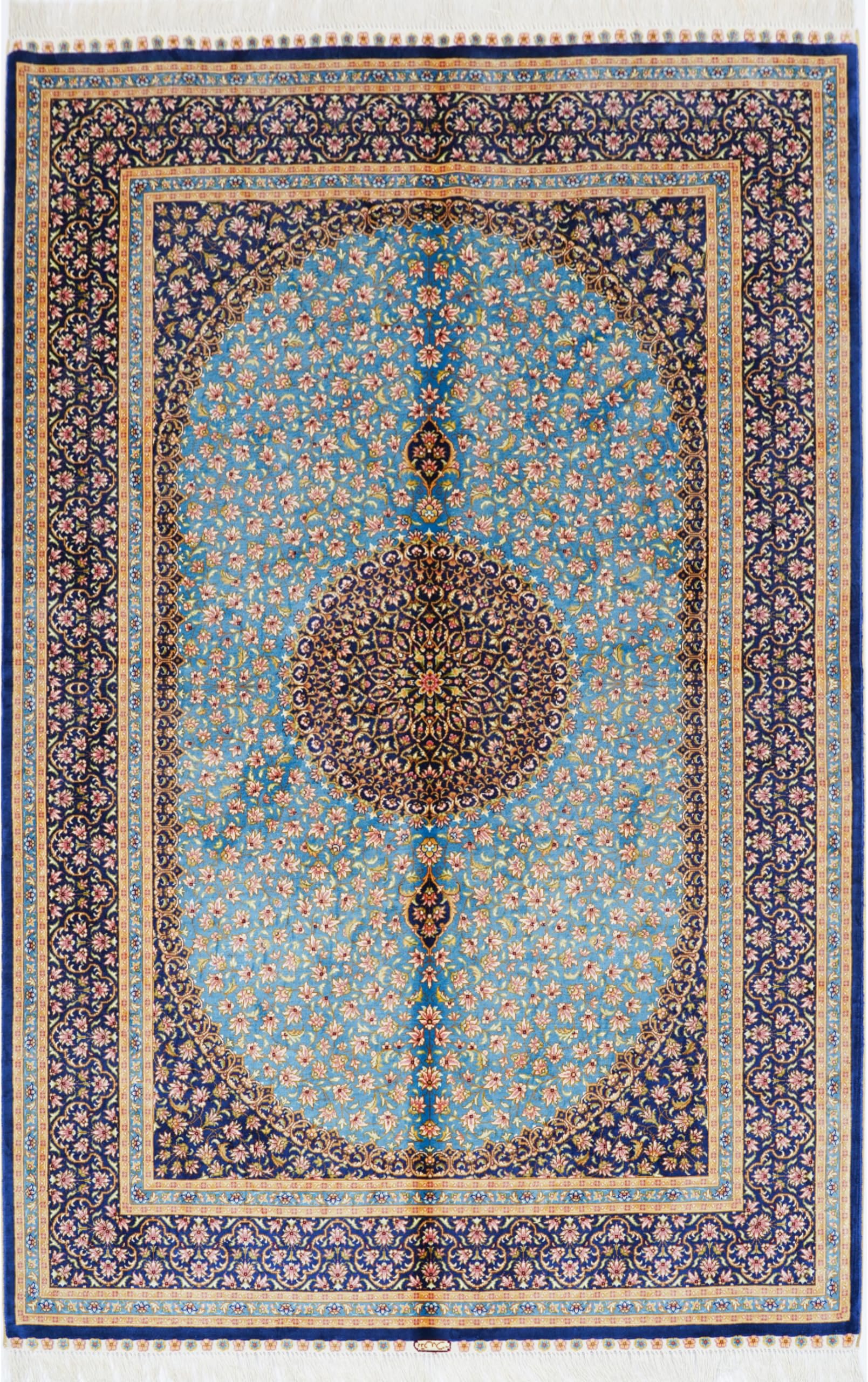Yuchen Rug Oriental Silk Carpet 4x6 Blue Hand Knotted Traditional Medallion Vintage Luxury Silk Living Room Rug