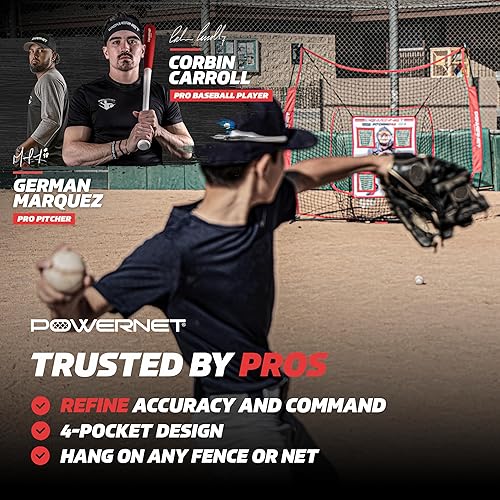 Miniatura 2 de PowerNet Almohadilla de lanzamiento entrenador de lanzamiento de sóftbol de 4 bolsillos con red de 7 x 7 pies, receptor realista para jaulas y