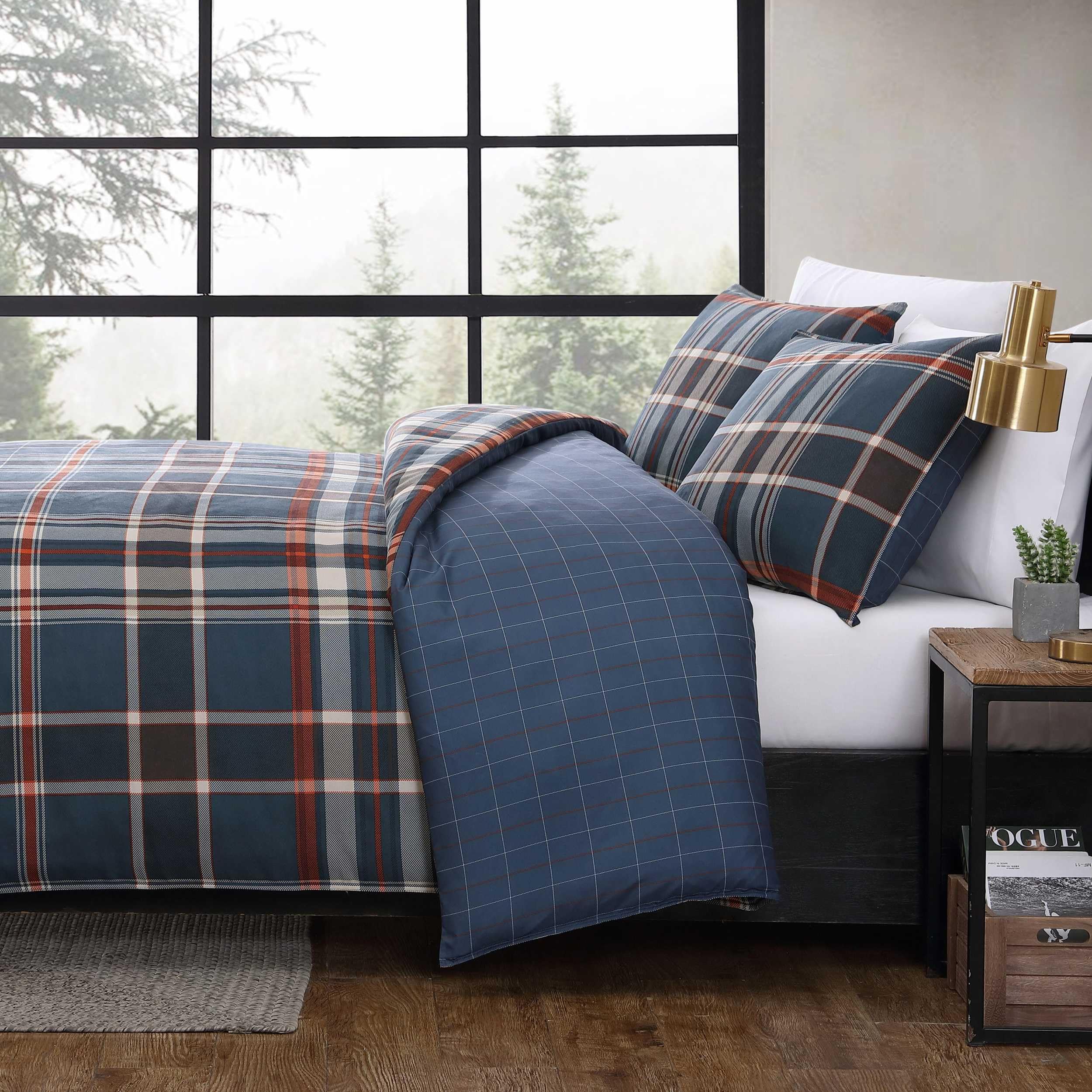 Eddie Bauer - Copripiumino matrimoniale, set di biancheria da letto reversibile con federe abbinate, accogliente decorazione per la casa (Shasta Lake Navy, Queen