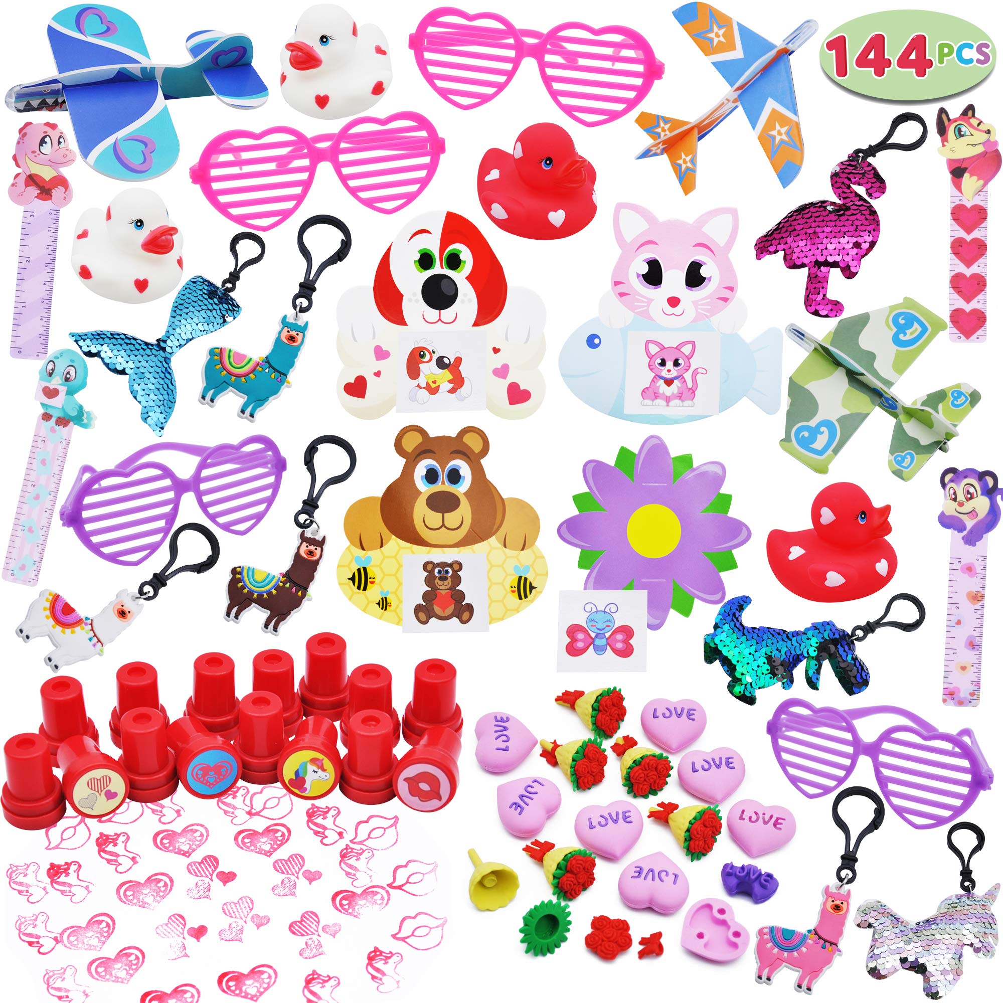 JOYIN 144+PCs Valentines Day Party Favors Supplies with Heart Shape Glasses, Rubber Ducks, Stampers, Tattoos, Erasers and more for School Classroom Game Prizes Rewards, Exchanging Gifts