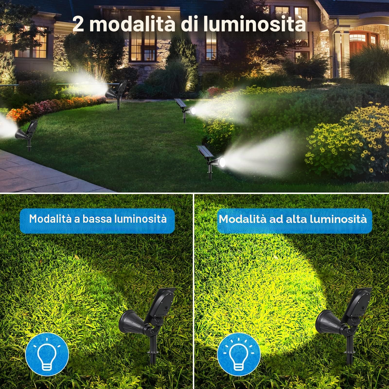T-SUN (2 Pack) Faretto Solare, Luci Solari Per Esterni Impermeabili, Luce da Giardino 2 Modalità di Illuminazione Opzionali Angolo Regolabile di 180 ° Luce Solare Per Vialetto Percorso (6000K)