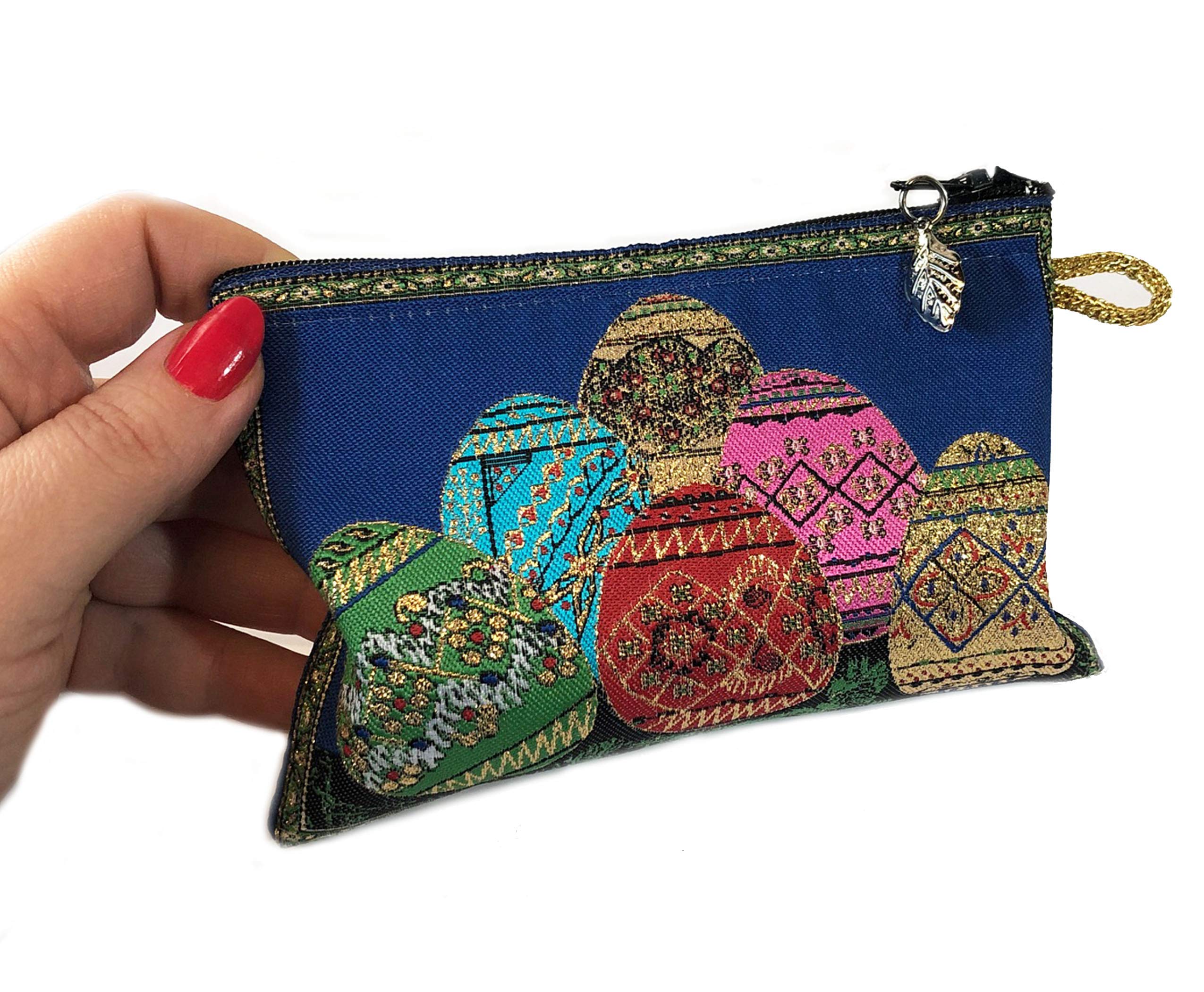 Ukrainian Hand-Painted Wooden Easter Eggs - Set Of 4 Pysanky In Beautiful Tapestry Pouch
