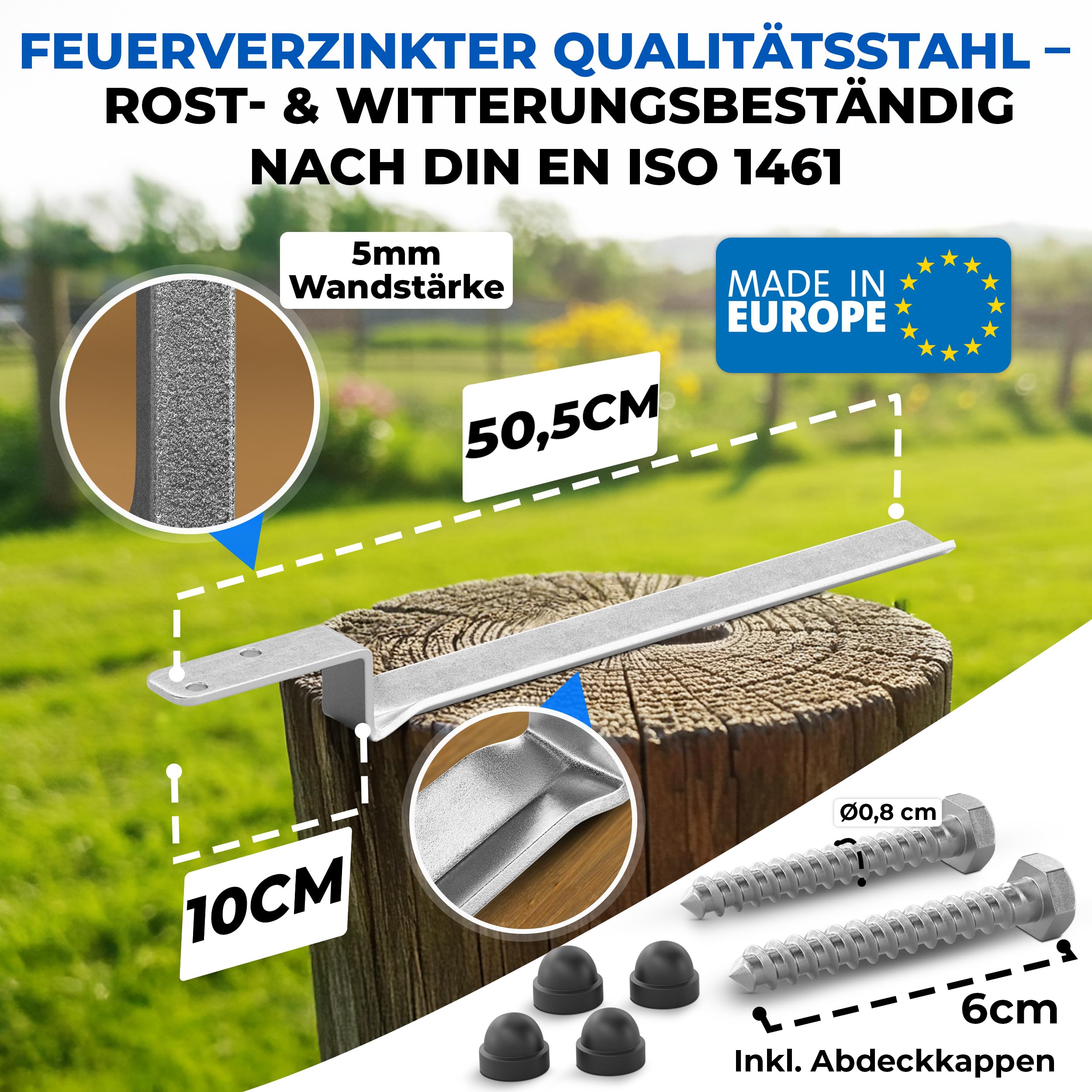 Bodenanker für Holzpfosten Einschlaghülse Z-Form 50,5 cm, 4er Set, 5 mm Stahl feuerverzinkt, V-Spitze, Made in EU, inkl. Schrauben & Sicherheitsabdeckkappen, für Schaukel Spielturm Holzpfosten