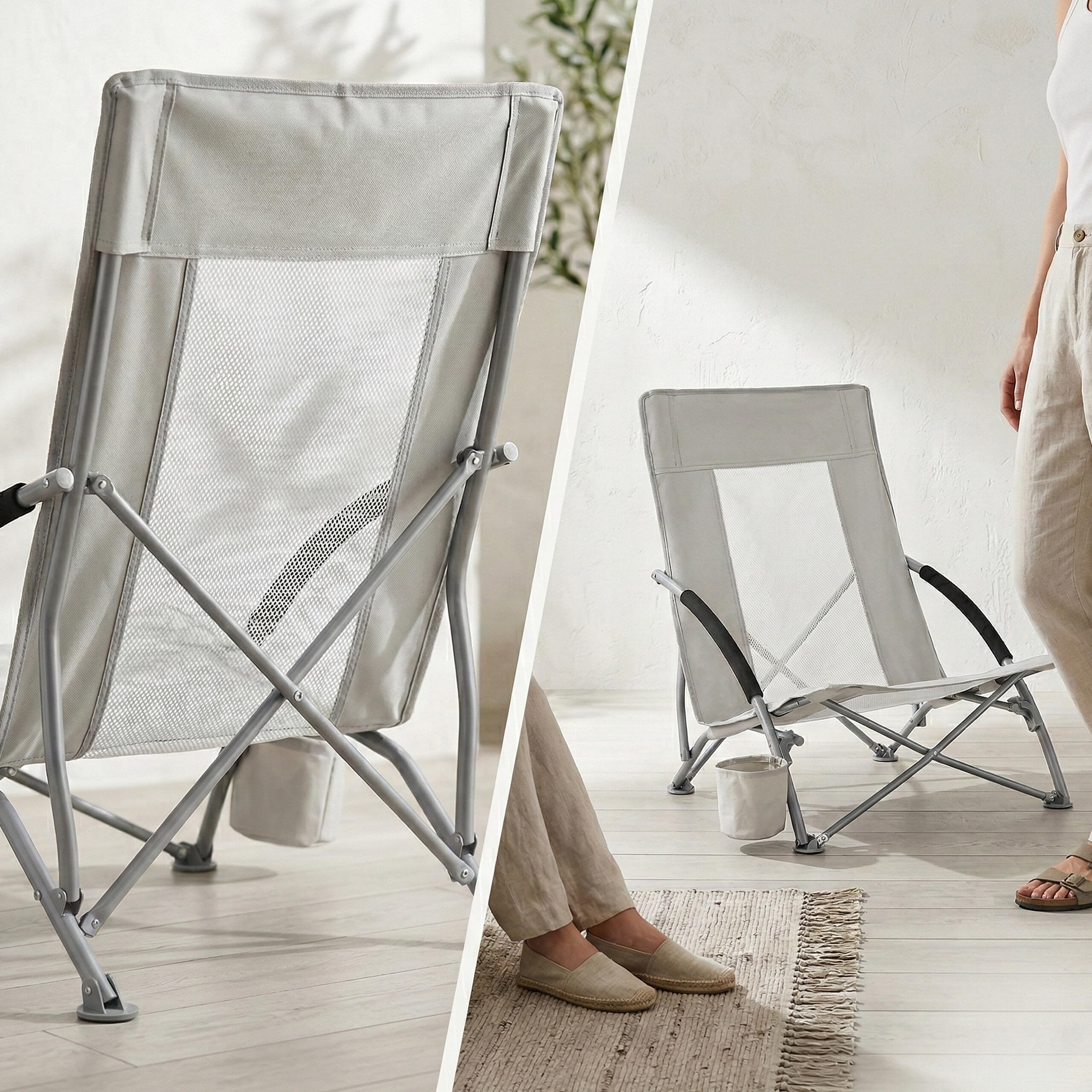 Fauteuil de Plage Pliant Relaxdays, Housse, Porte-gobelet, 135 kg, Mesh, léger, Polyester, métal, Gris