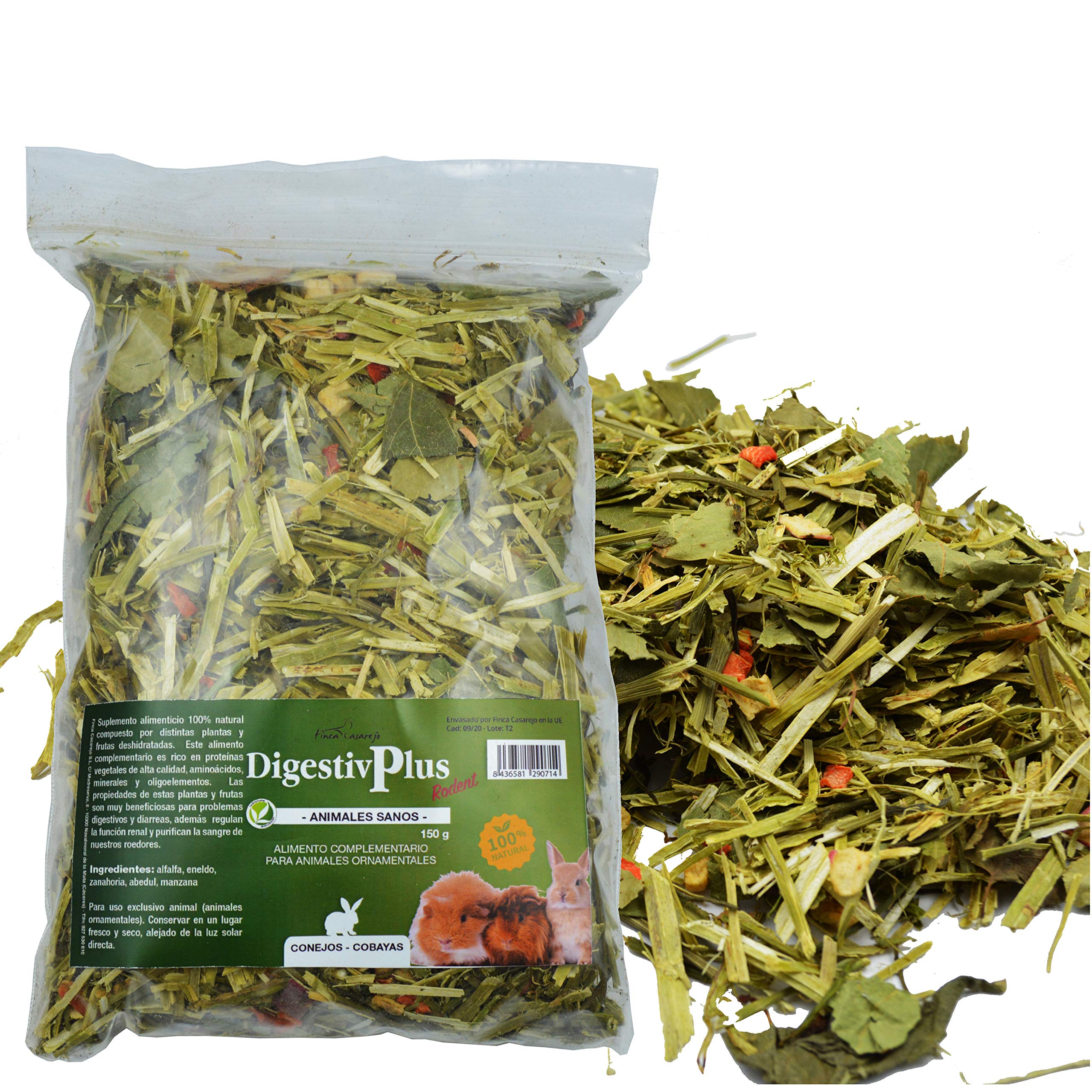 FINCA CASAREJO DigestivPlus Rodent - 150g - alimento complementario. Heno para Conejos, cobayas, Chinchillas y Otros pequeños Animales (1 Unidad)