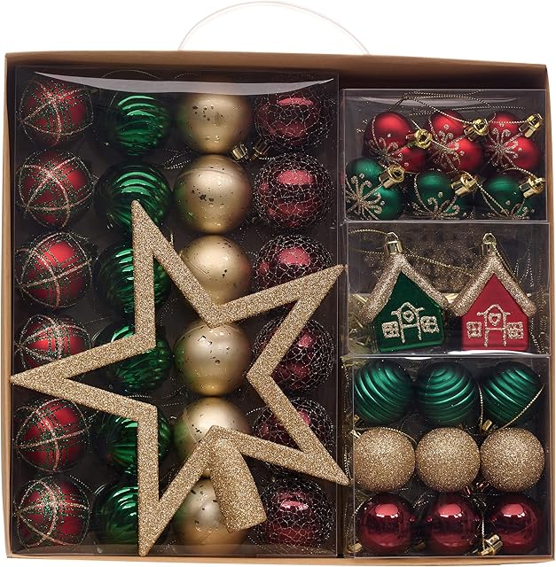 Valery Madelyn 60pcs 3-5cm Shatterproof Christmas Baubles,Country Red Green and Gold Christmas Ball Ornaments with Tree Top for Christmas Tree Decorations