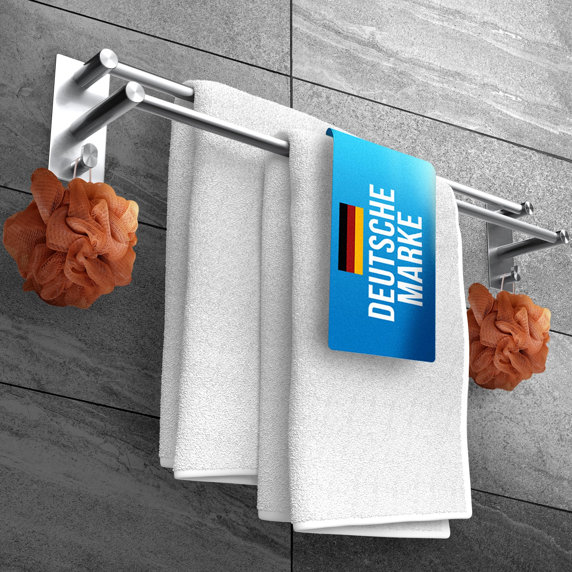 LOBUX® - Towel Rail No Drilling - 80 cm, Rustproof Stainless Steel - Double Bathroom Towel Rail Self-Adhesive - Towel Rail, Bath Towel Holder Including 2 Towel Hooks - for Bathroom, Shower Screen,