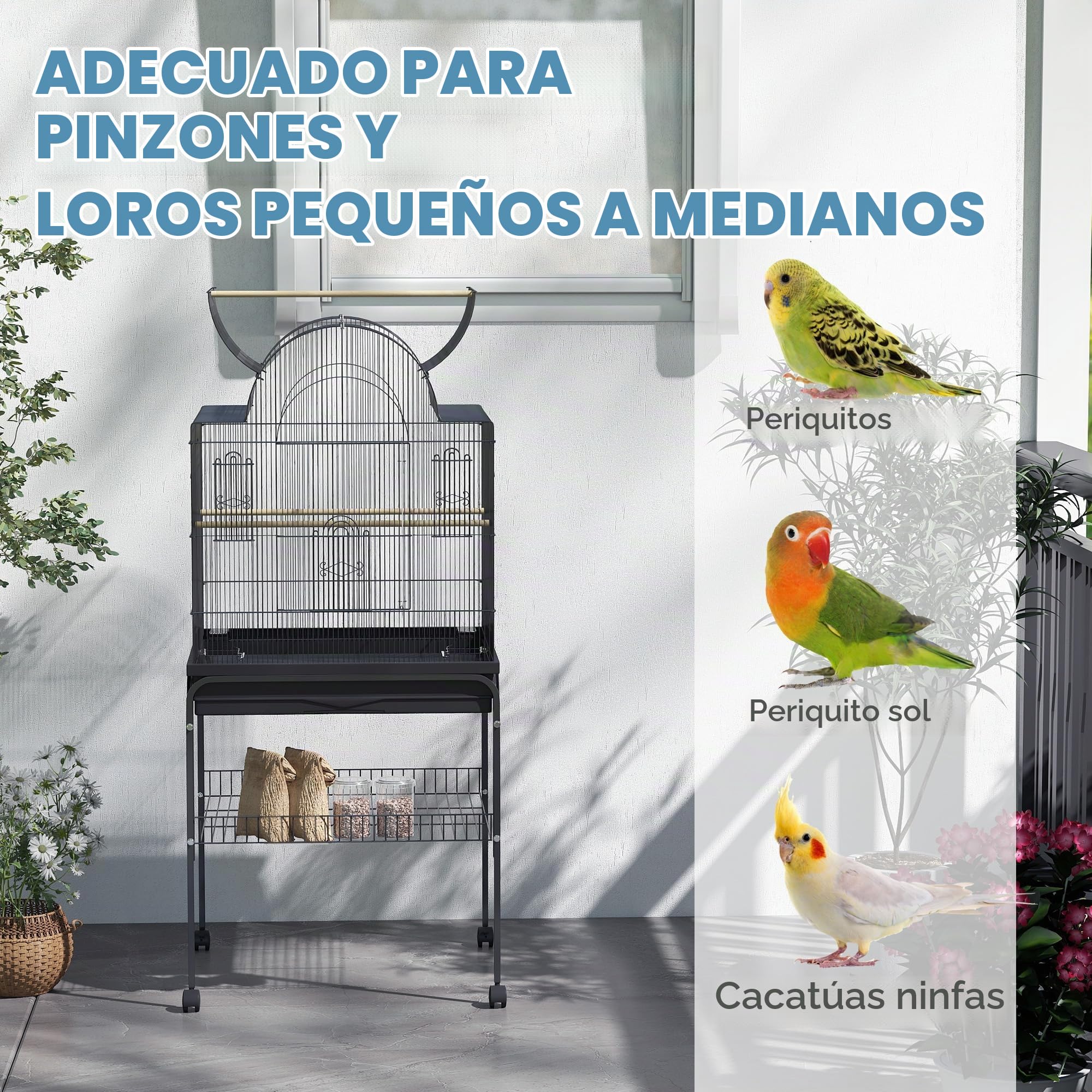 PawHut - Jaula para pájaros con Bandeja, Bandeja de Almacenamiento, alimentador, Jaula para Loro, Jaula con Ruedas para periquitos, Canarios, calopsitas, Acero, 63 x 53 x 144 cm, Color Negro