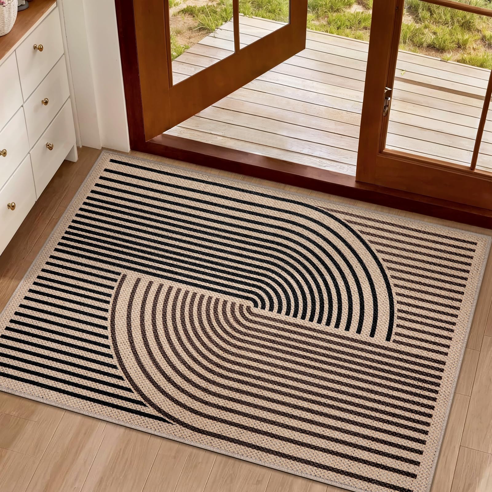 Tangsoo Rainbow Easy Jute Rug,2x3 Washable Small Area Rug for Entryway Non-Slip Ultra Thin Brown Black Outdoor Mat Modern Farmhouse Carpet for