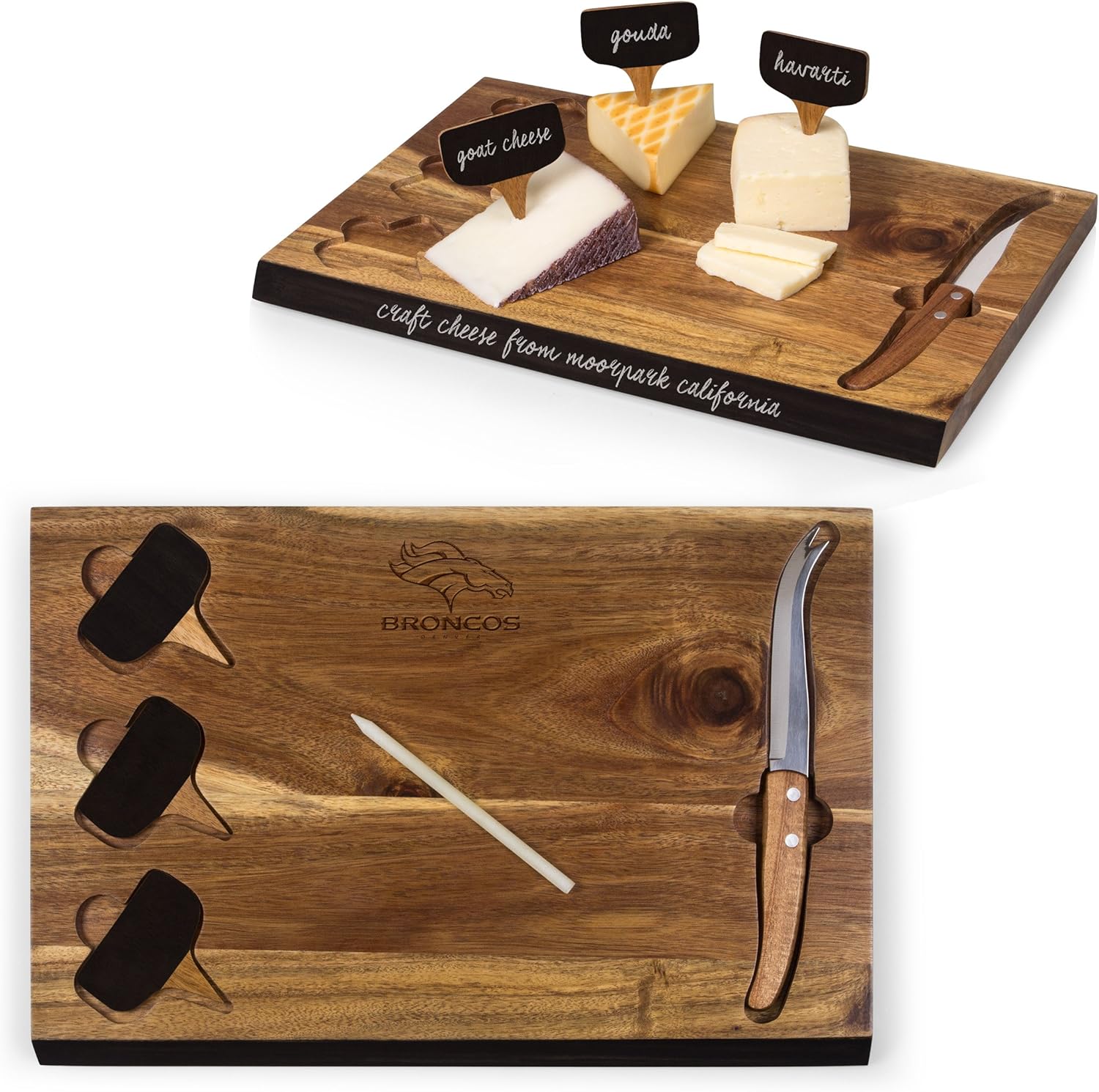PICNIC TIME NFL Delio Cheese Board and Knife Set - Charcuterie Board Set - Acacia Wood Cutting Board with Cheese Knife and Markers