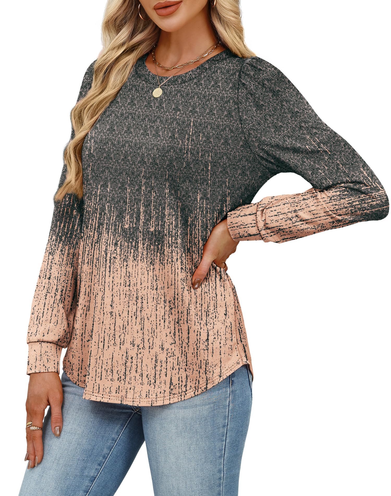 Alaroo Womens Long Sleeve Shirts 2025 Fall Tunic Tops Crewneck Blouses Print