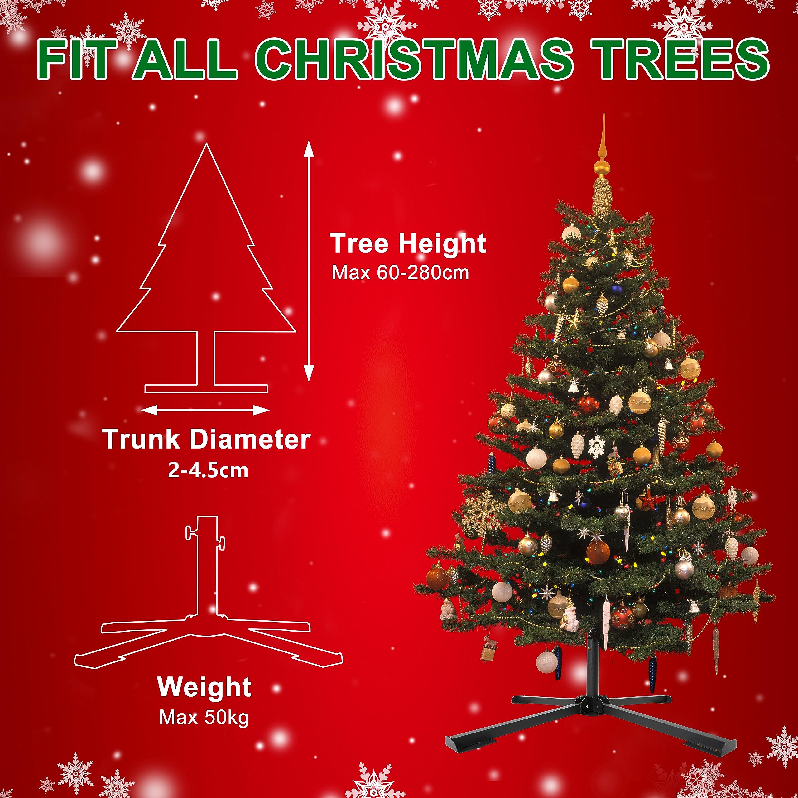 VFZILH Supporto per Albero di Natale in Metallo 3 Misure di Diametro Supporto Universale per Albero di Natale Artificiale Adatto a 60-280 cm Base Robusta per Albero di Natale Pieghevole Fino a 50 kg