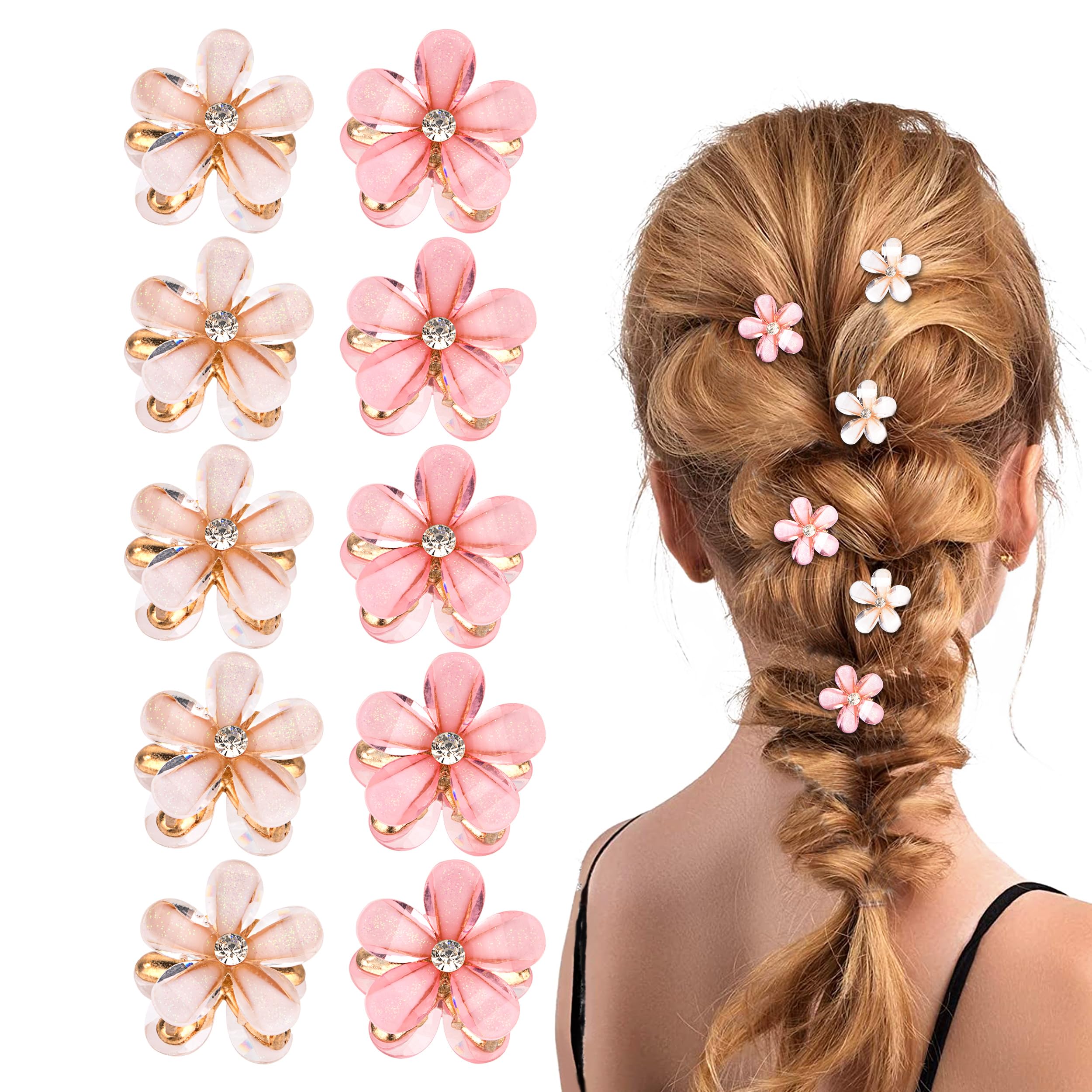 Mini Clip para el Cabello de Flores 10 Piezas Mini Diamantes Pinzas para el Cabello Pequeñas Pinzas para el Pelo de Flores para Fiestas Bodas Cumpleaños Rosas y Blancas
