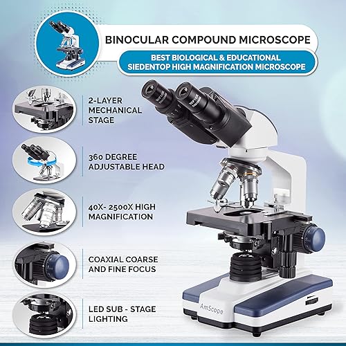 Miniatura 2 de AmScope Microscopio Siedentopf binocular compuesto aumento de 40X-2000X campo claro iluminación LED condensador Abbe plataforma mecánica de doble