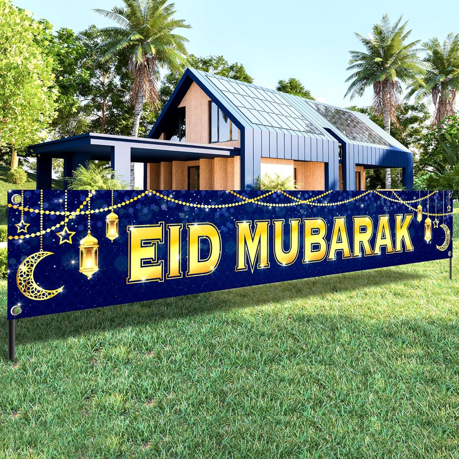 Eid Mubarak Big Banner Background Outdoor Golden Words On Dark Blue Background Beautiful Lantern And Crescent Moon Holiday Party Celebrating Holiday Events Eid Decorations PhotoBackground 300x50cm