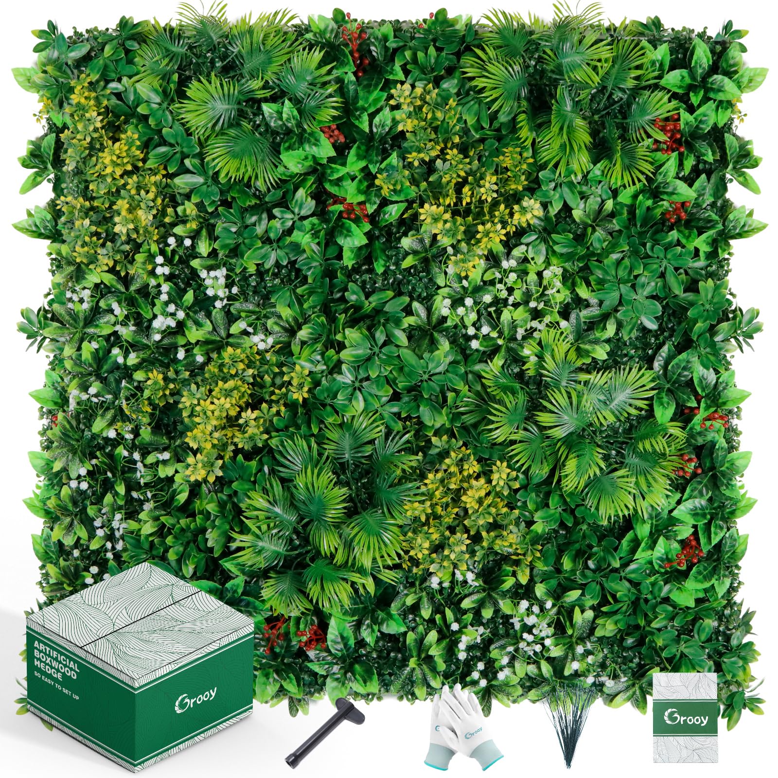 Grooy Grass Wall 20"x20" Pack of 12, Artificial Tropical Boxwood Panels, Privacy Hedge Fence Screen with UV Protection, Greenery Backdrop for Indoor Home Wedding Decor and Outdoor Patio Backyard