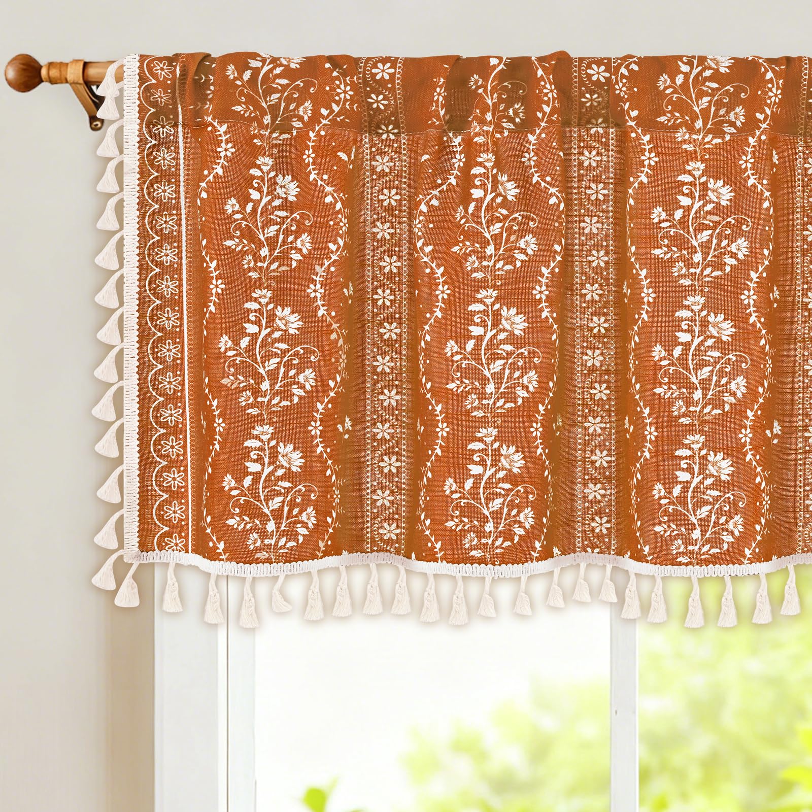 Yinhua Boho Valance Curtains Vintage Linen Orange Kitchen Valances for Windows Light Filtering Bohemian Floral Valance Rod Pocket Farmhouse Tassel Window Valances for Bathroom Cafe, 52" W X 18" L