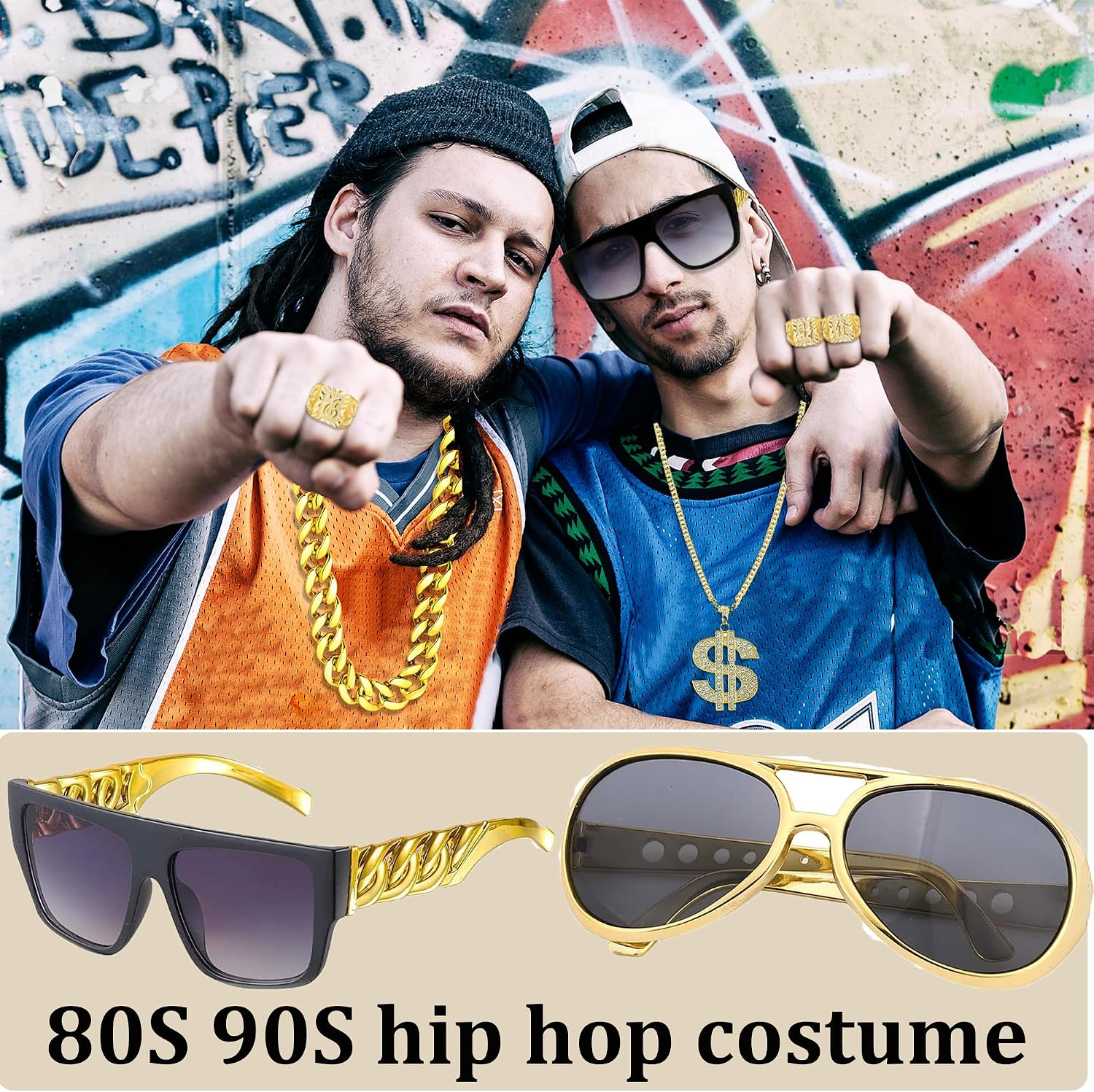 90s Hip Hop 80s Costumes Outfit Kit for Men Women Fake Gold Chain Necklace Dollar Sign Jewelry Rapper Accessories