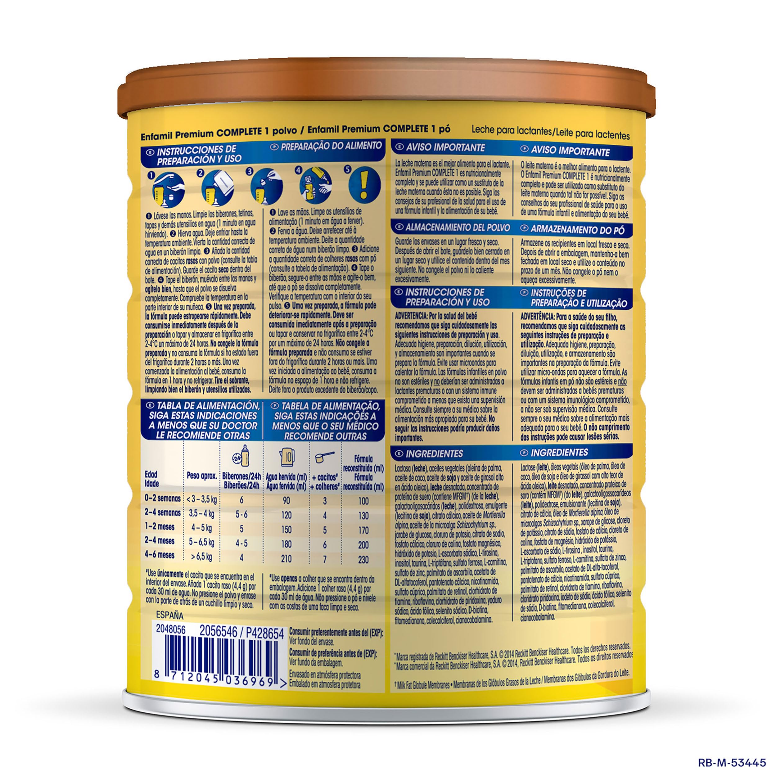 Enfamil Complete 1 Leche infantil para lactantes de 0 a 6 meses de edad, fórmula para bebés recién nacidos - 800 gr (Paquete de 4)
