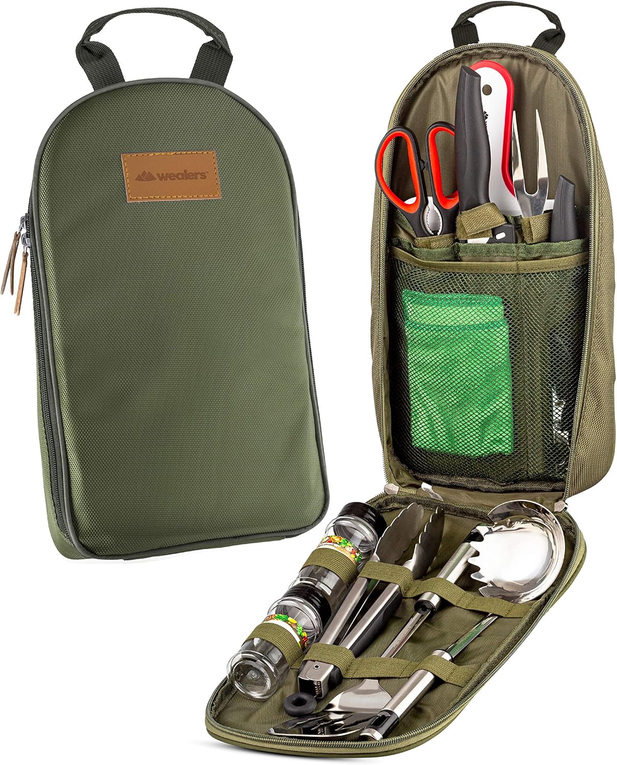 11 Piece Camp Kitchen Cooking Utensil Set Travel Organizer Grill Accessories Portable Compact Gear for Backpacking BBQ Camping Hiking Travel Cookware Kit Water Resistant Case (Green) : Sports & Outdoors