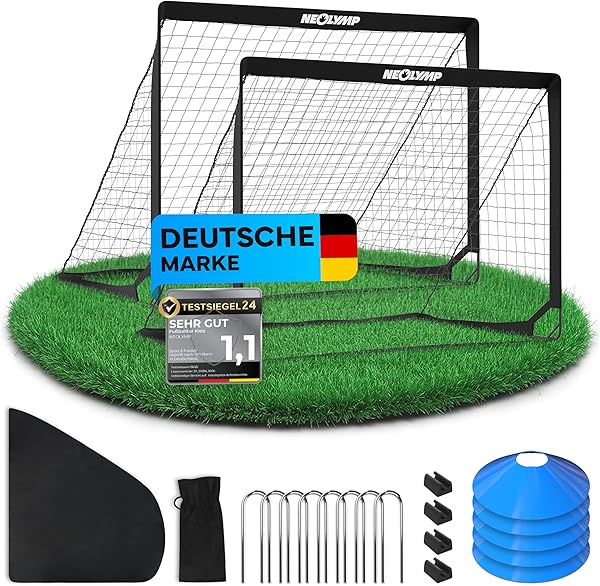 NEOLYMP Fußballtor Kinder Set – Faltbare Tore für Garten & Outdoor – Robuste 9 mm Fiberglas-Stangen – Mit Hütchen, Karabinern, Indoor-Füße & Tragetasche – Fußball-Training - Fußball Trainingszubehör