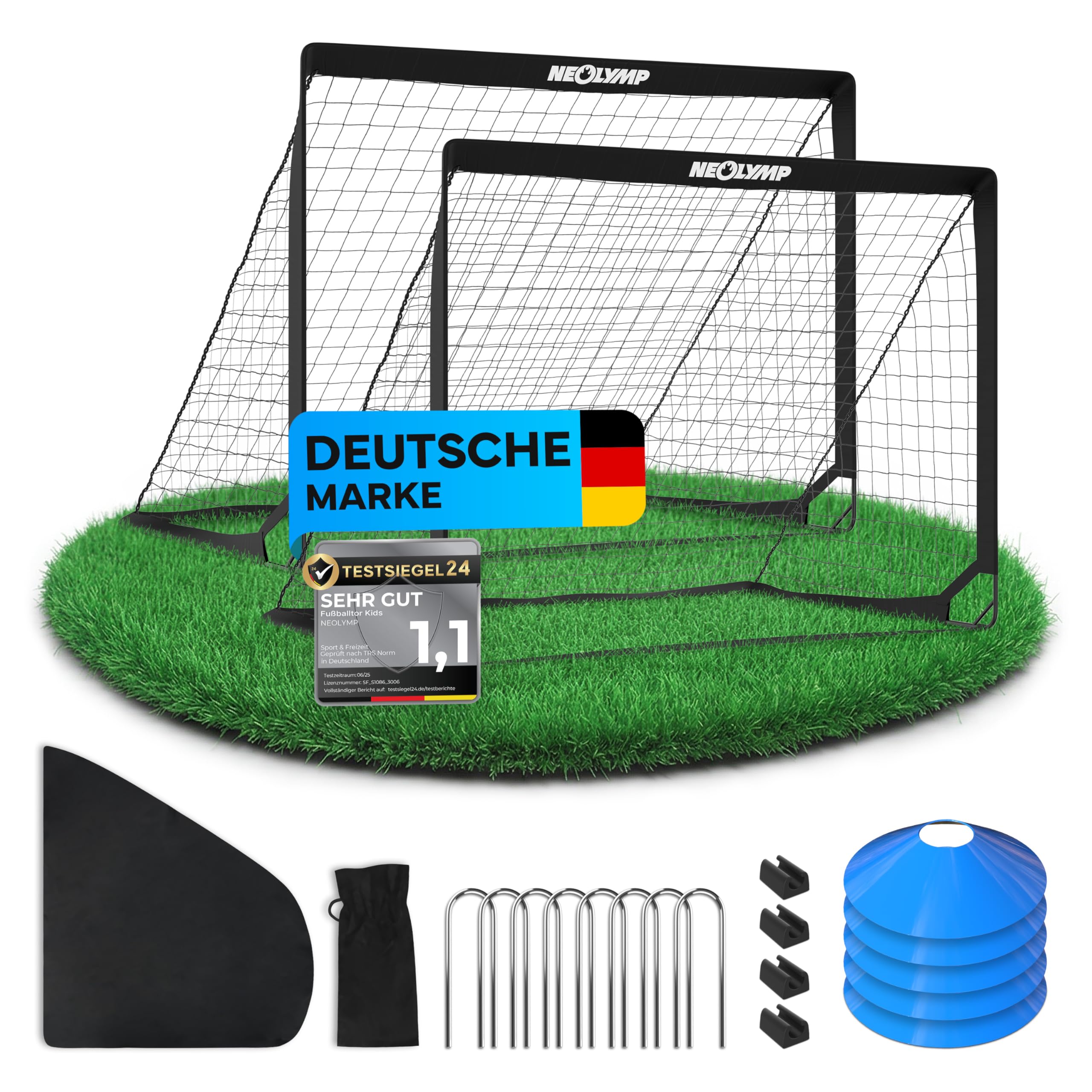 NEOLYMP Fußballtor Kinder Set – Faltbare Tore für Garten & Outdoor – Robuste 9 mm Fiberglas-Stangen – Mit Hütchen, Karabinern, Indoor-Füße & Tragetasche – Fußball-Training - Fußball Trainingszubehör