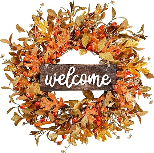 Sggvecsy Artificial Fall Wreath - 18'' Autumn Front Door Wreath with Fall Leaves, Small Pumpkins, Cluster of Berries for Outside, Indoor, Wall,