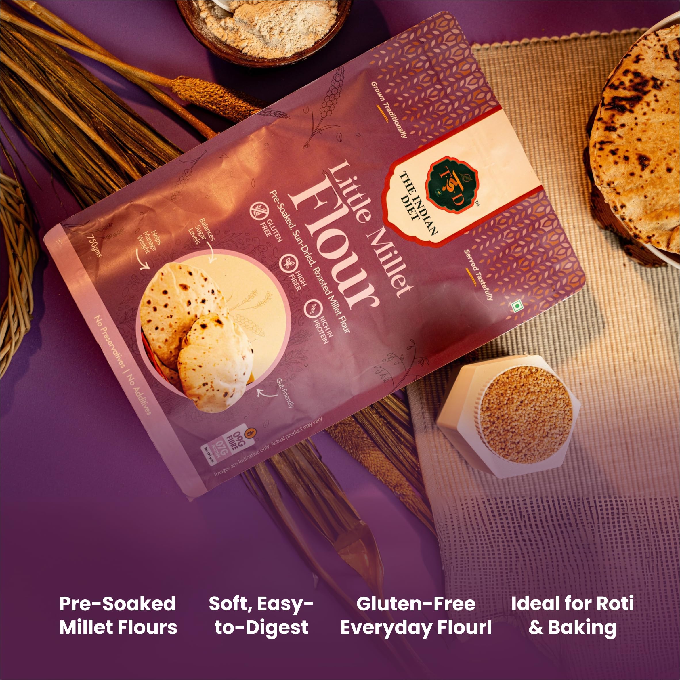 The Indian Diet Pre-Soaked Positive Millet Flour Combo | Pack of (4 � 450 g) | Foxtail, Kodo, Barnyard, And Little Millet | Gluten Free | High Fibre Flour 3