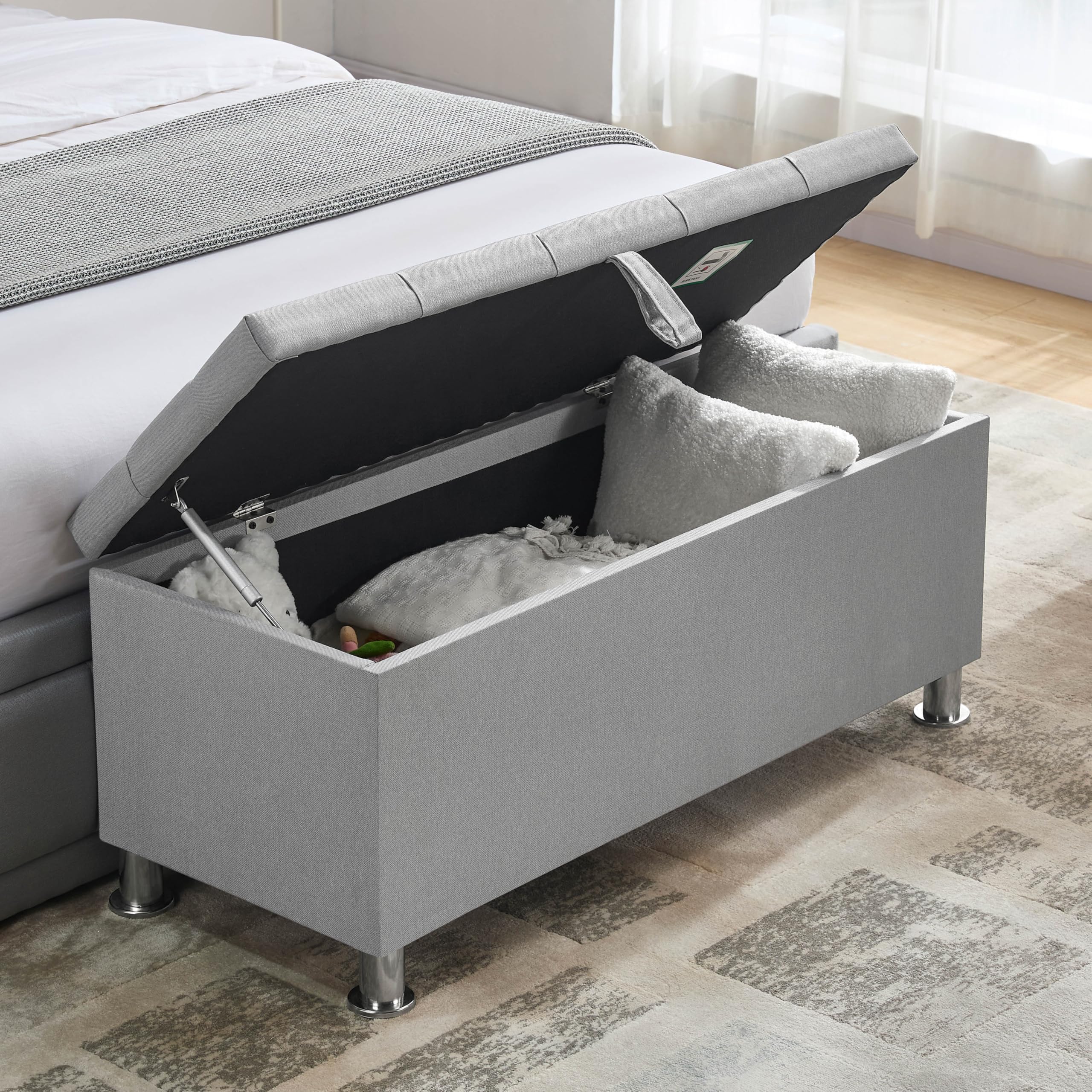 Vida Designs Valencia Pouf Ottomano, con Coperchio in Tessuto, Sedia, Sgabello, Panca per Finestra, Cassapanca, Cassapanca per Giocattoli, Pouf, Poggiapiedi, Lino Grigio Chiaro