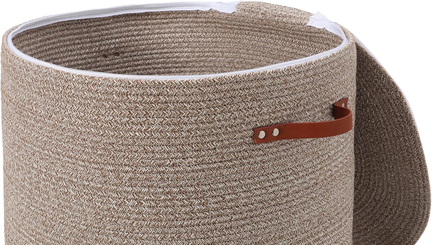 Extra Large Cotton Rope Storage Basket with Lid and Zipper, Versatile Laundry Hamper and Cloth Bin for Clothes, Towels, Blankets, Living Room Organization (All Deep Camel White Mix, 20"x15")