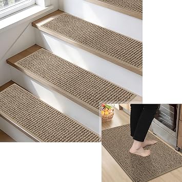 BEQHAUSE Kitchen Rug 20"x32" and 15Pcs Stair Treads, Non-Slip Kitchen Mats for Floor Stain-Resist Absorbent, Washable Stair Treads for Wooden Steps, Suitable for Kitchen, Staircase, Taupe