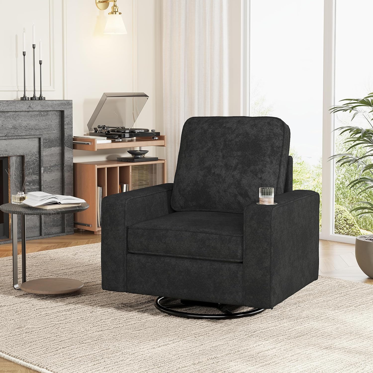 Swivel Square Accent Chair with Wide Armrests,360° Rotating Comfy Single Sofa Chairs with USB/Type-C,Cup Holder & Side Pocket,Modern Armchair for Living Room Bedroom Reading Lounge Nook,Dark Grey