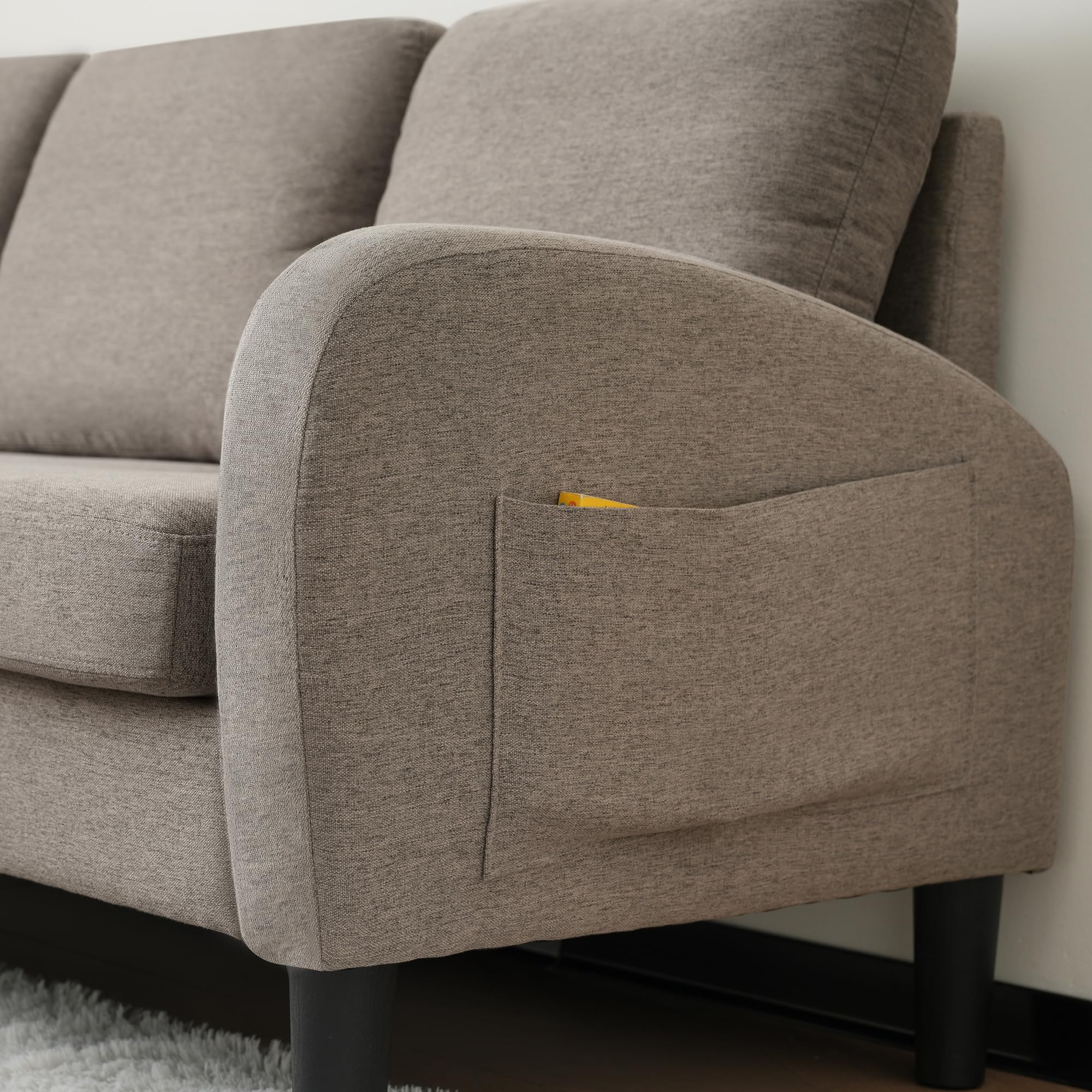 SUKY Sofá esquinero en forma de L con chaise longue, 166 x 118 x 77 cm, sofá de 3 plazas, tela de lino de algodón transpirable, patas de plástico, diseño modular, ideal para sala de estar (gris oscuro
