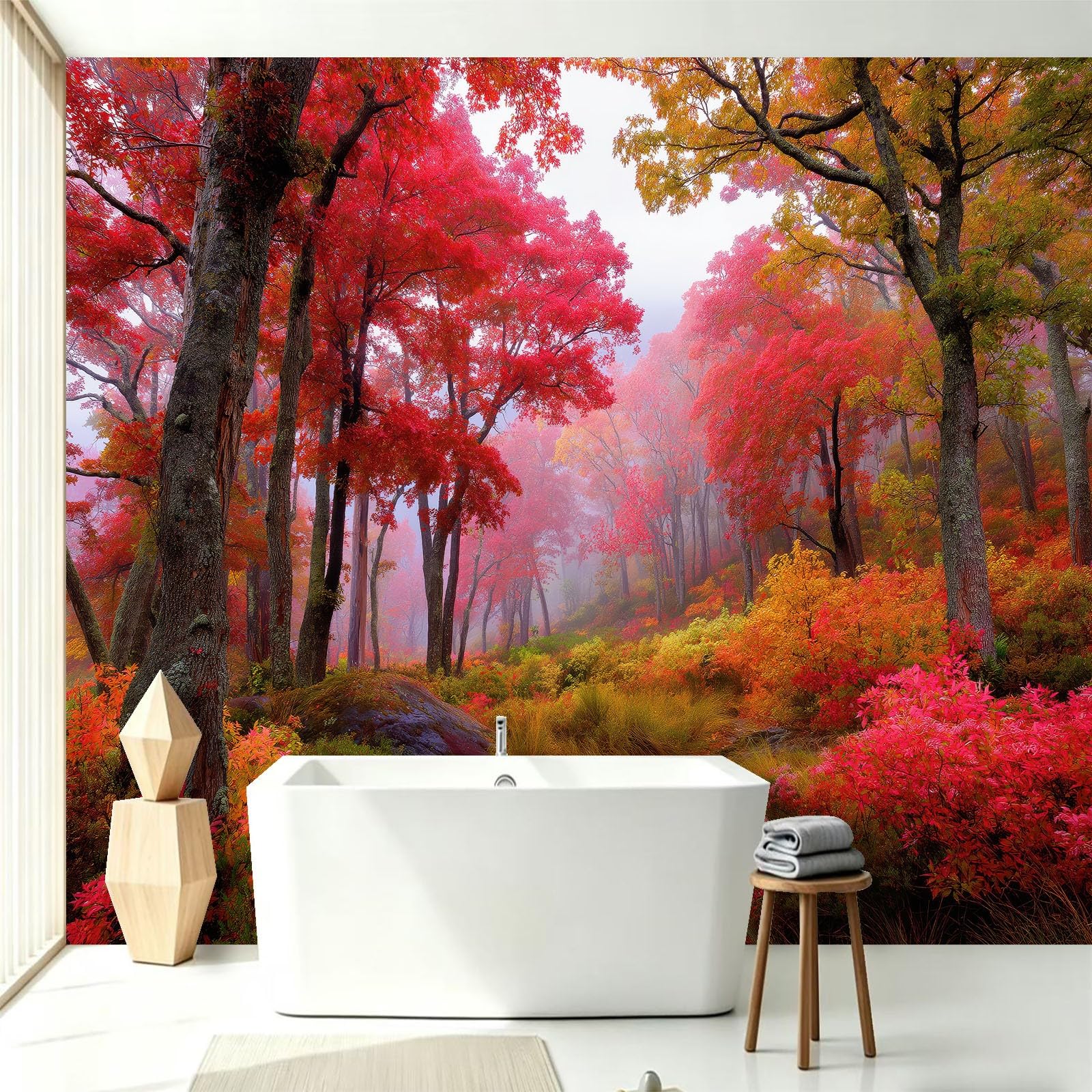 Carta da parati murale con paesaggio autunnale, motivo botanico scandinavo, 300 x 210 cm, con alberi e foglie rosse e nebbia, adesivo da parete per camera da letto, soggiorno, corridoio, divano