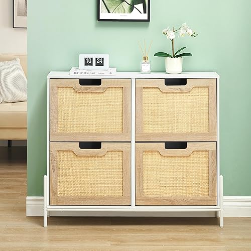 Zapatero de ratán natural con 4 puertas abatibles, organizador de zapatos independiente con estantes ajustables de 3 niveles para entrada, entrada y