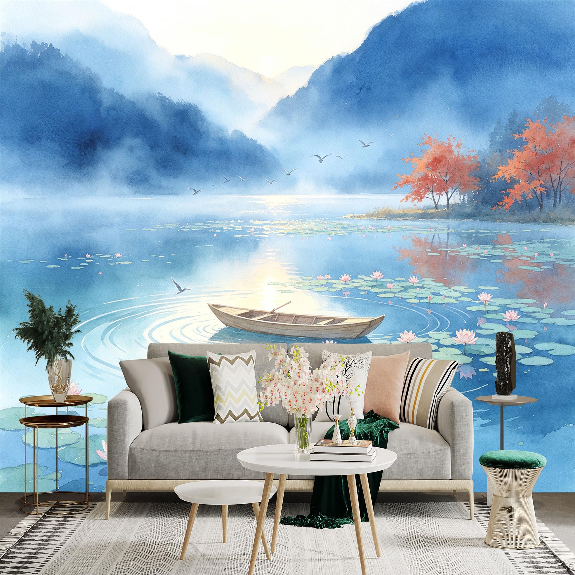 Custom Size Wall Sticker Mural， Serene Lake with Lotus Flowers， Rowing Boat， Mist Covered Mountains， Artistic Watercolor Landscape， for wall Decoration， peelandstick wall Decals.