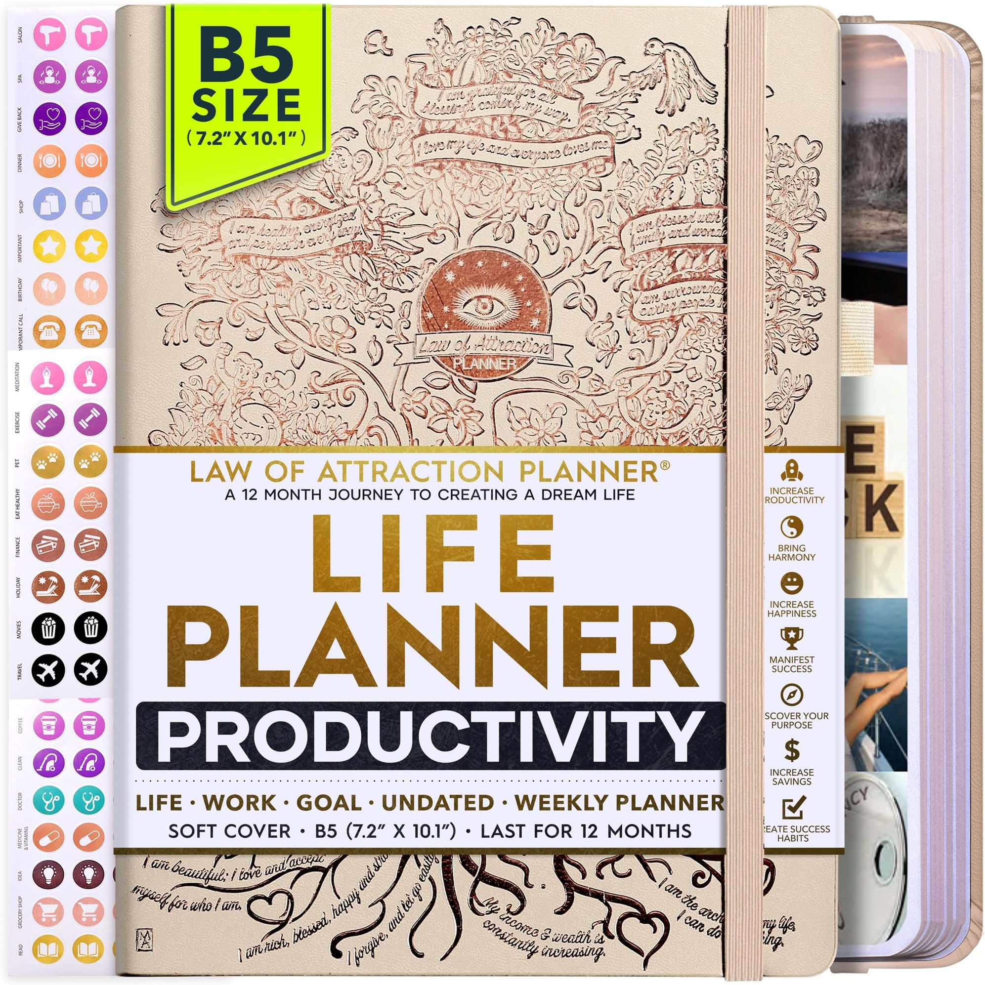 Freedom MasteryLaw of Attraction Planner - Undated Deluxe Weekly, Monthly Planner, a 12 Month Journey to Increase Productivity & Happiness - Life Organizer, Gratitude Journal, and Stickers