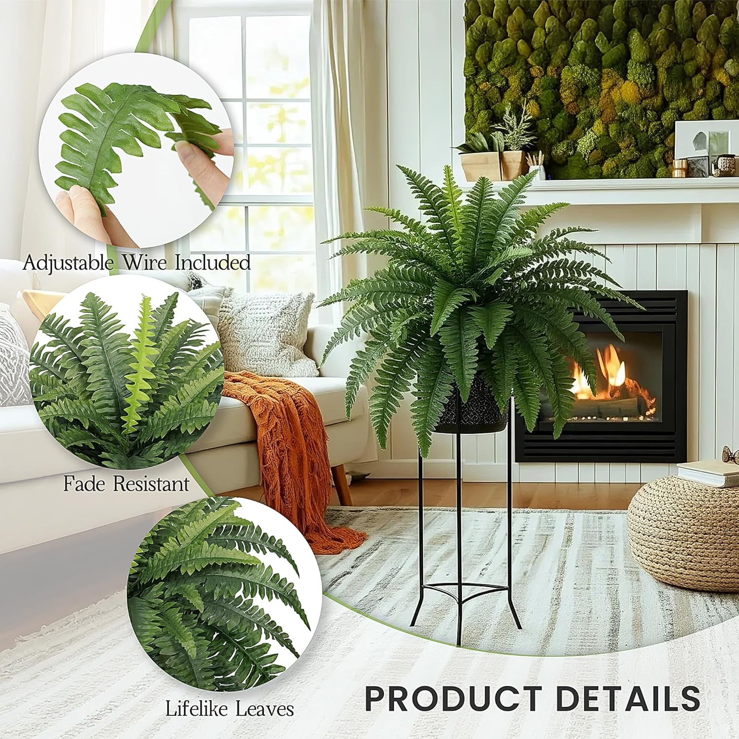 Fake Ferns, 35IN Large Fake Bush Plants, 2 Articial Boston Ferns with 39 Fronds for Outdoor Hanging Planter Garden Porch Entrance Home Decor 35in-2pcs
