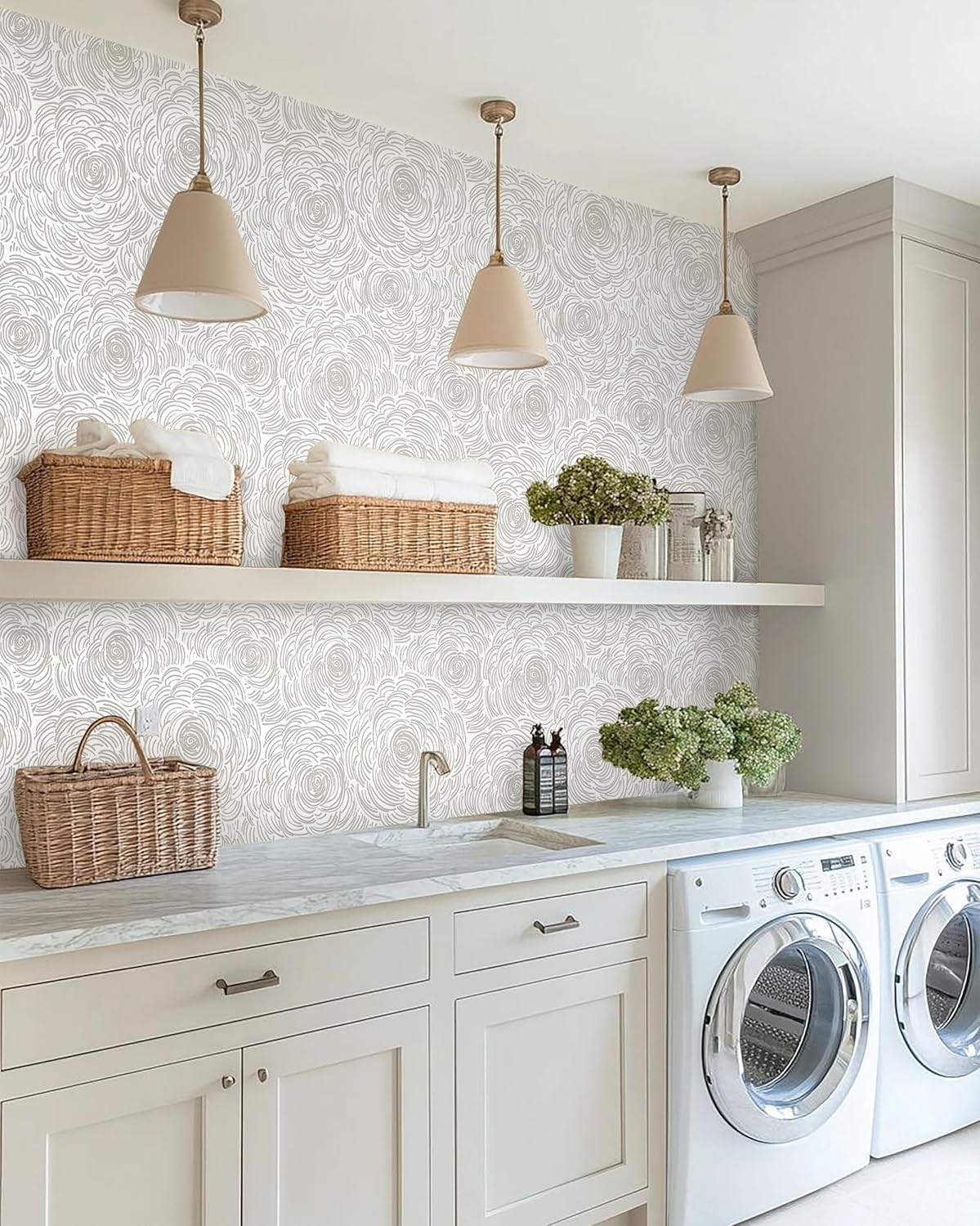 EeeComing Grey Peel and Stick Wallpaper Grey and White Floral Contact Paper Modern Peel and Stick Flower Wallpaper Self Adhesive Wall Paper Removable for Bedroom Cabinets Vinyl 17.3" X 78.7"
