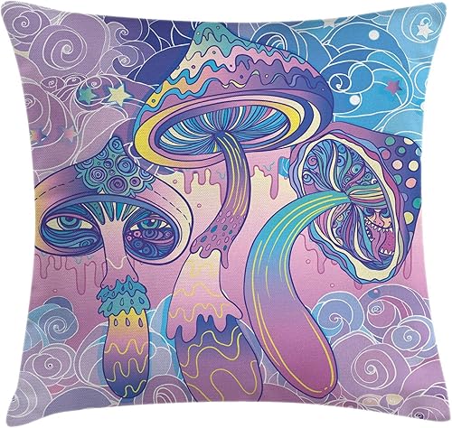 Ambesonne Funda de cojín con diseño de hongos, diseño hippie de los años sesenta, chamánico psicodélico visionario, funda de almohada cuadrada