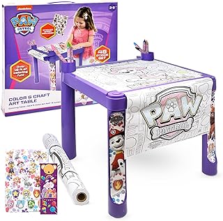 Paw Patrol Mesa de arte para colorear y manualidades, para niños y niñas, con rollo de crayones coloreables, calcomanías de plástico, soporte de mesa de escritorio