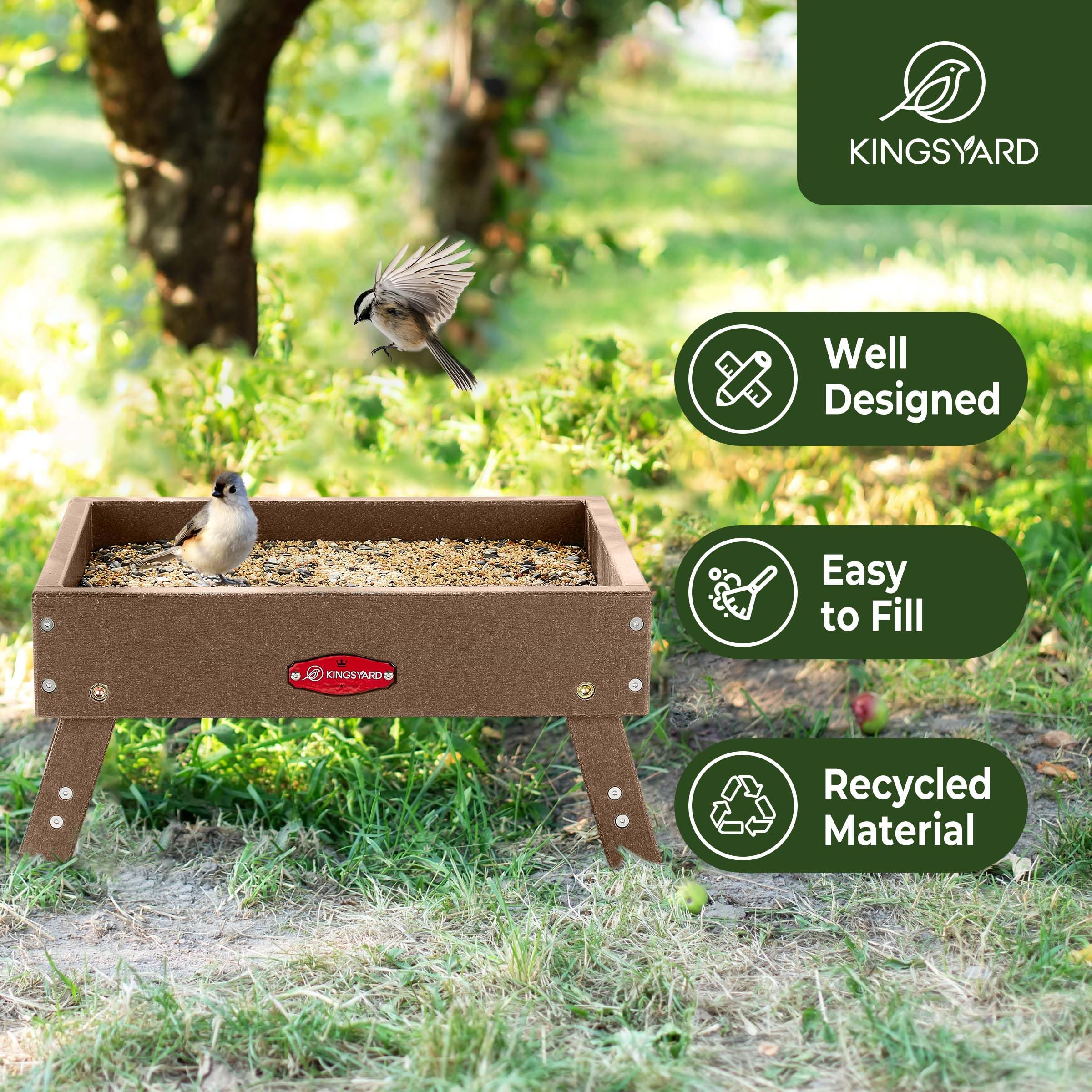 Kingsyard Comedero para pájaros de tierra para exteriores, comedero de plataforma de plástico reciclado para pájaros silvestres, comederos resistentes para ardillas, gran capacidad de 5 libras, color