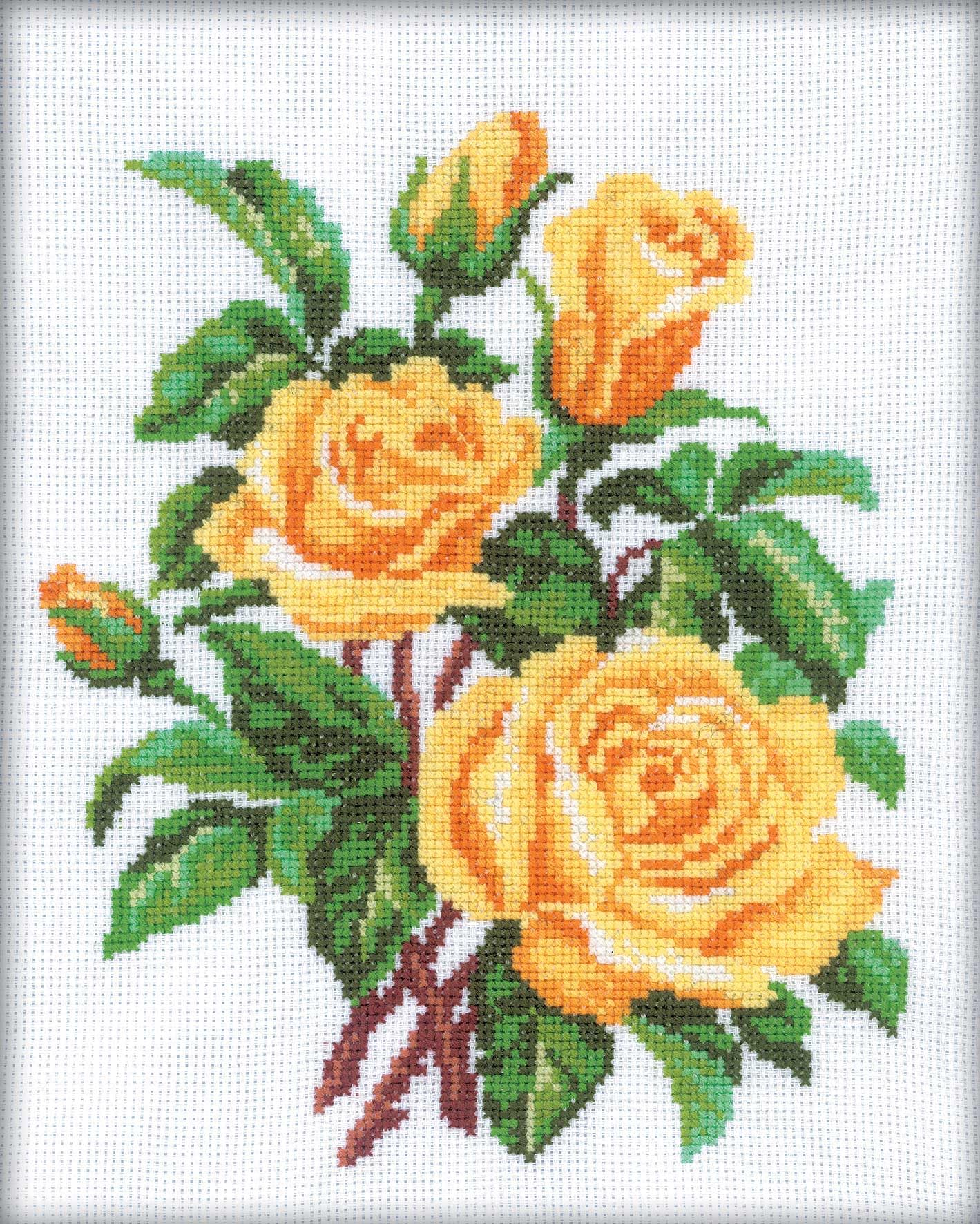 Rto White Cross Stitch Embroidery Kits For Adults Flowers - Yellow Roses 20X25cm/7.9X9.8 14Ct
