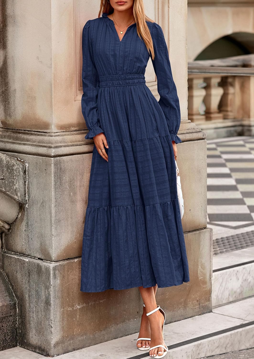 PRETTYGARDEN Women's 2026 Fall Wedding Guest Dresses Long Sleeve V Neck Flowy Elegant Holiday Party Maxi Dress with Pockets - Image 8