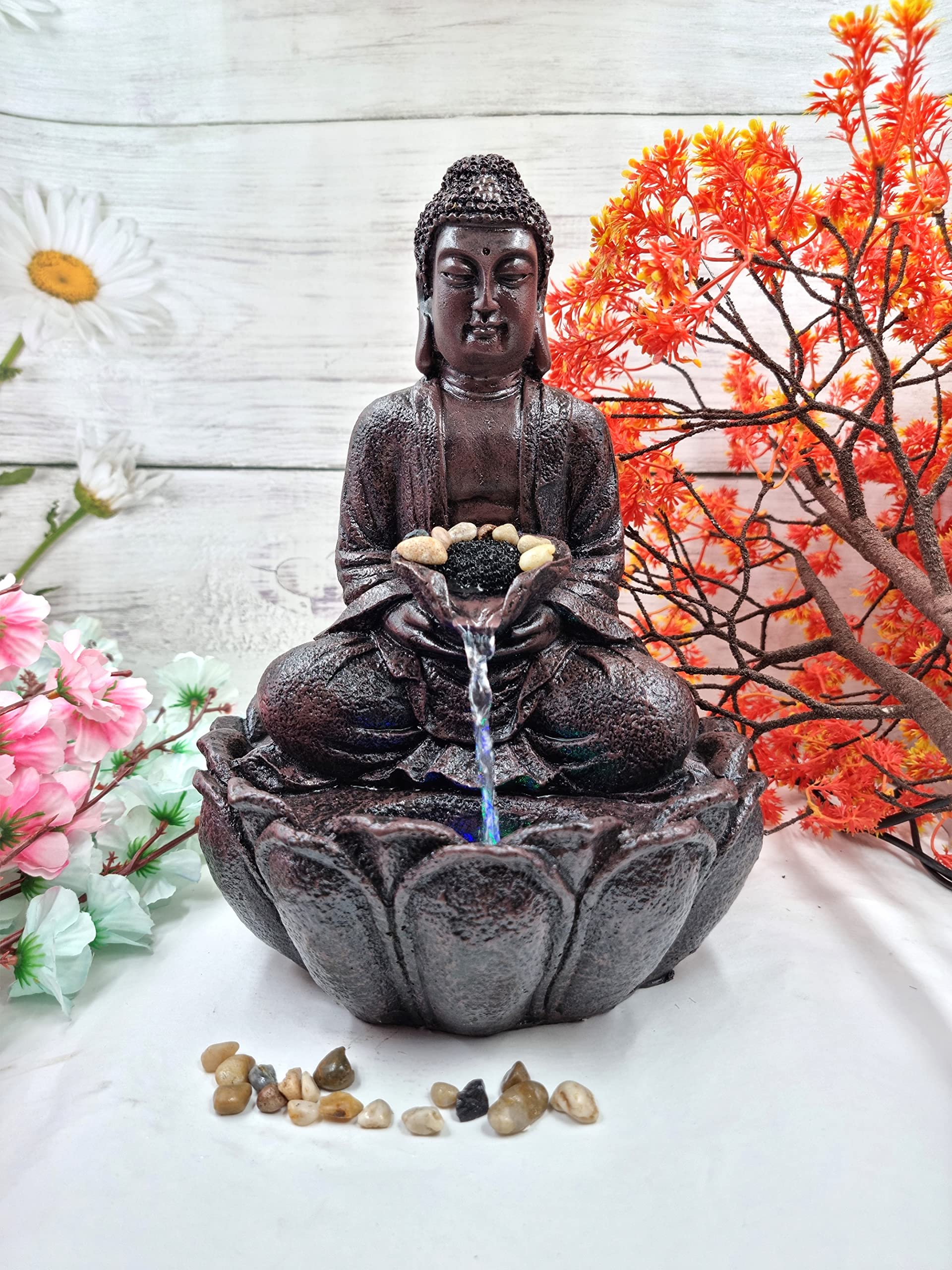 Expleasia, Exuberant & Luxury Decor Mini Lotus Buddha Water Fountain for Table Decor |Living Room Decor| Gift Items | Home & Office Decor Item |Buddha Water Fountain| (Brown)-image-34