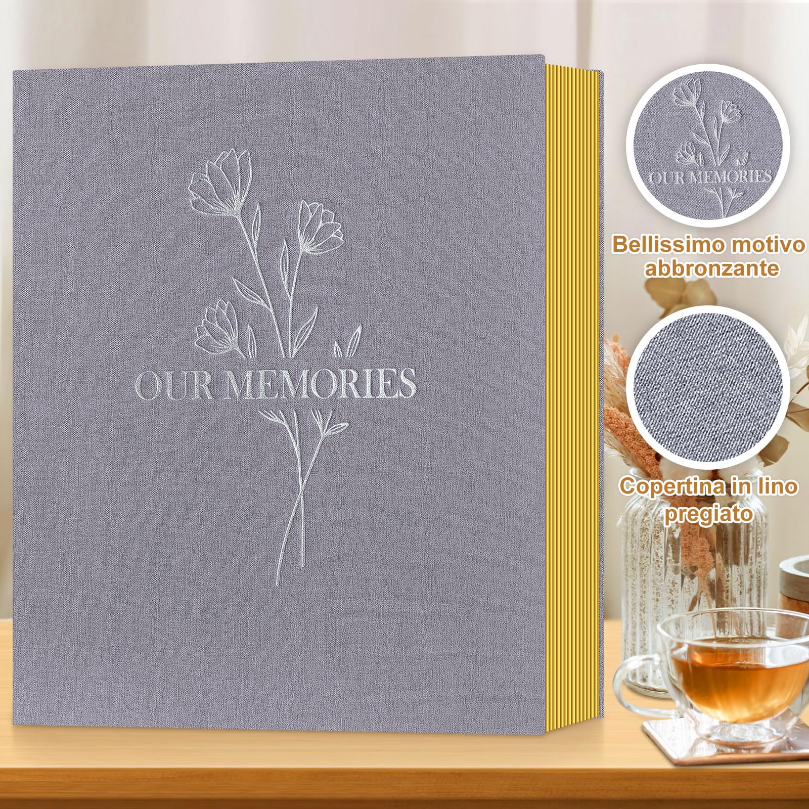 Lanpn Album fotografico autoadesivo, Grandi OURMEMORIES album di foto in lino pagine magnetiche appiccicose, contiene diverse dimensioni 10x15cm 13x18cm immagini A4 A5 (40 fogli / 80 pagine, Grigio)