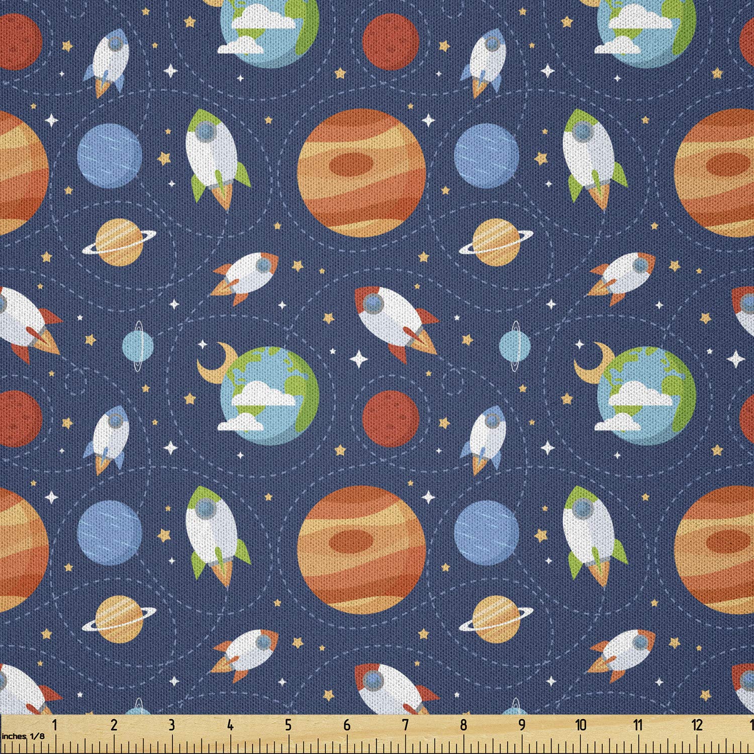 Lunarable Outer Space Fabric by The Yard, Planets and Space Ships in Comic Form on Night Blue Starry Space, Microfiber Fabric for Arts and Crafts Textiles &amp; Decor, 1 Yard, Grey Orange