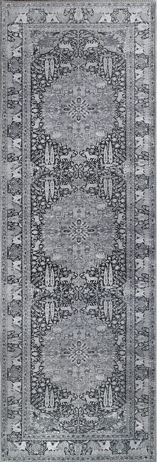 Classic Nature and Medallion Polyester Indoor Area Rug Collection, Traditional Flat-Weave Runner Rug with Durable Cotton Canvas Backing, 2’ 6” x 7’ 6”, Charcoal by Blue Nile Mills